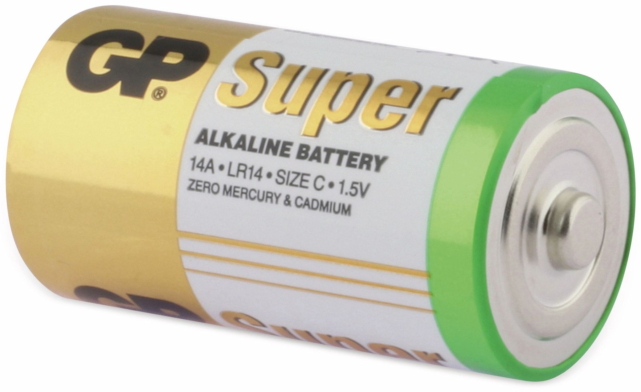 Jedna bateria C GP Super Alkaline. Jest złota i zielona z białym tekstem.