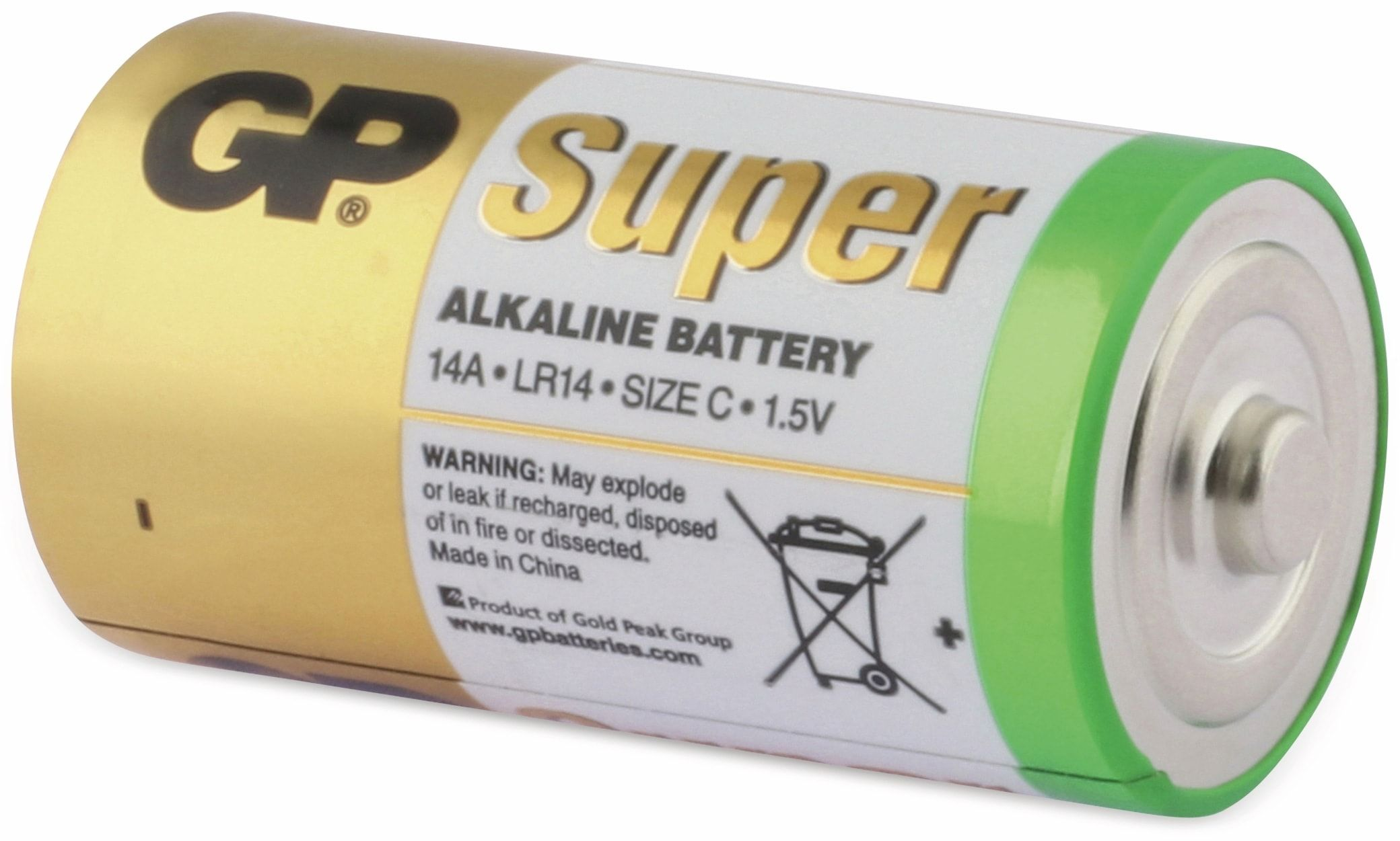 Jedna bateria C GP Super Alkaline. Jest złota i zielona z białym tekstem i ostrzeżeniami.
