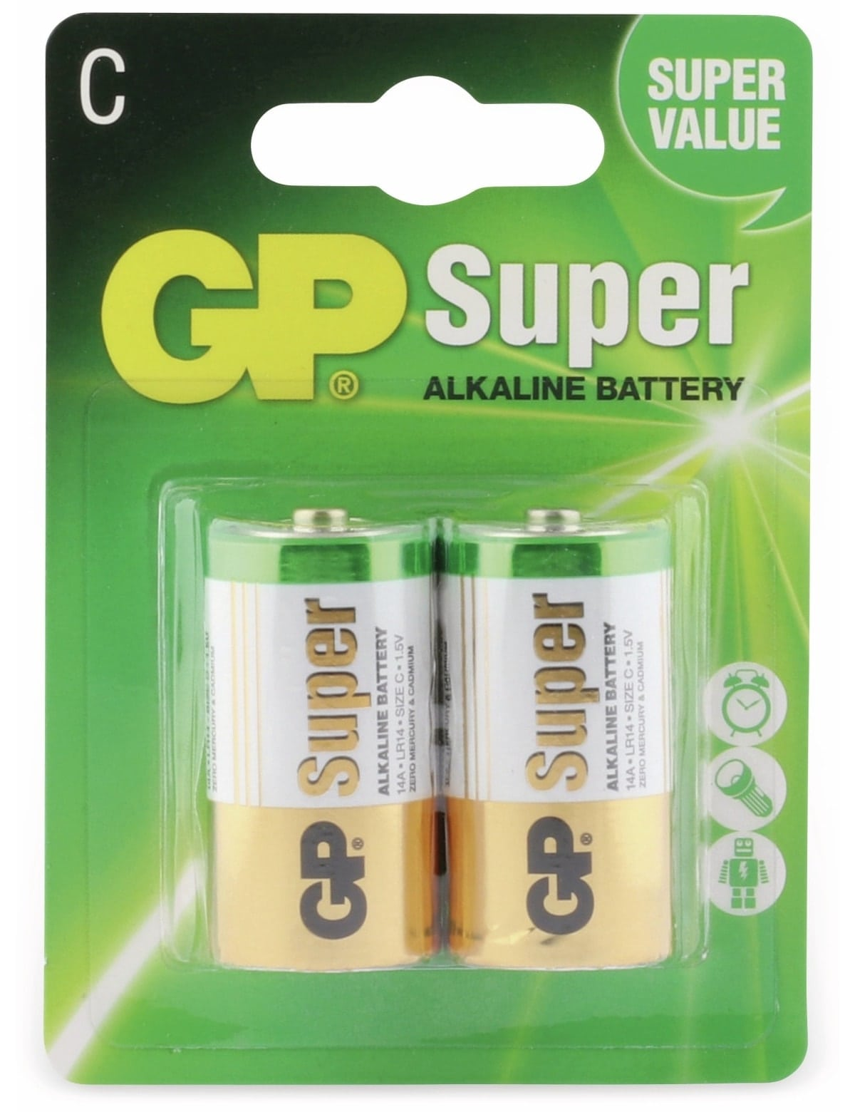 Zielone i żółte opakowanie dwóch baterii C GP Super Alkaline. Opakowanie jest zapieczętowane.
