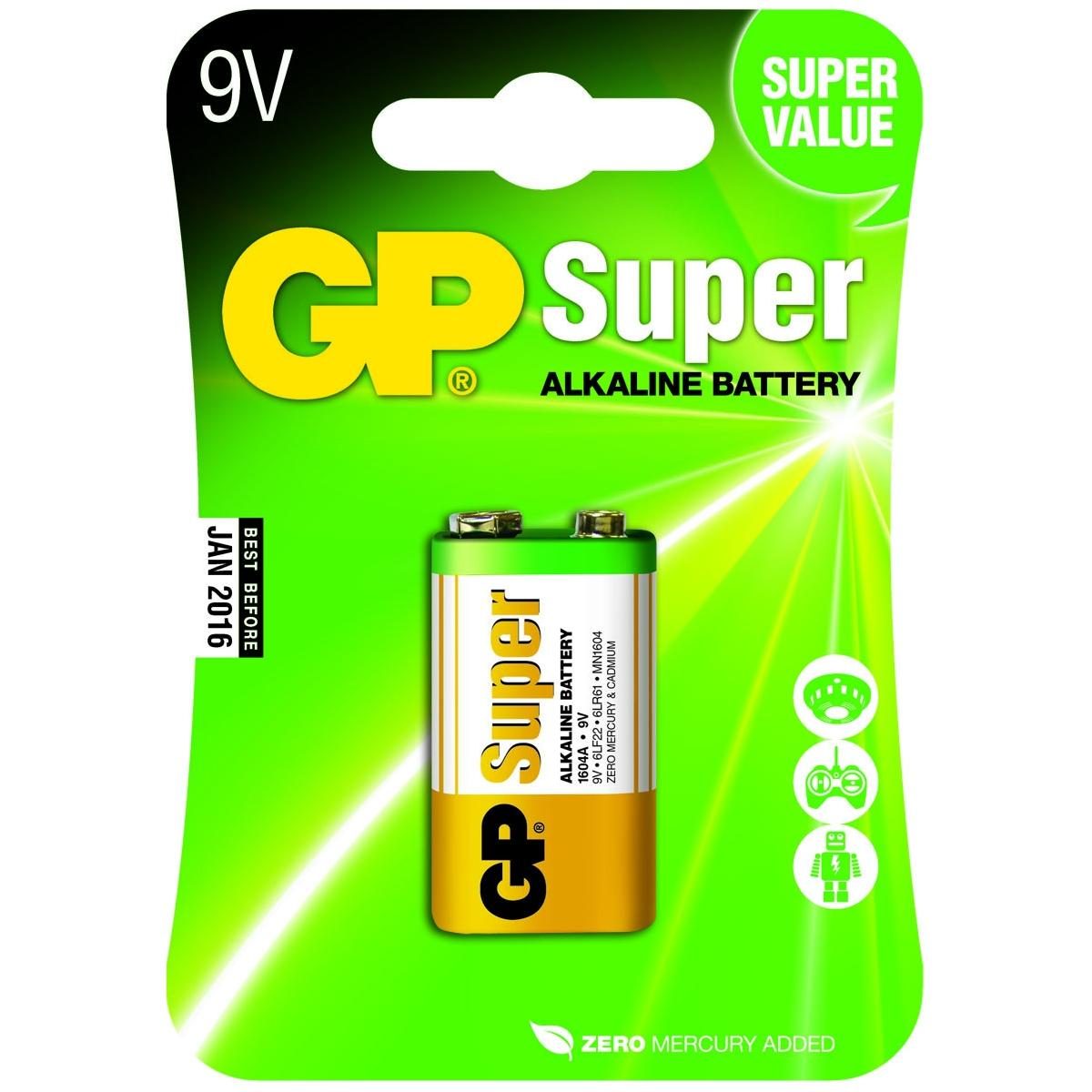 Una confezione di batterie alcaline GP Super da 9V. Colori verde e giallo, con un'immagine della batteria e testo.