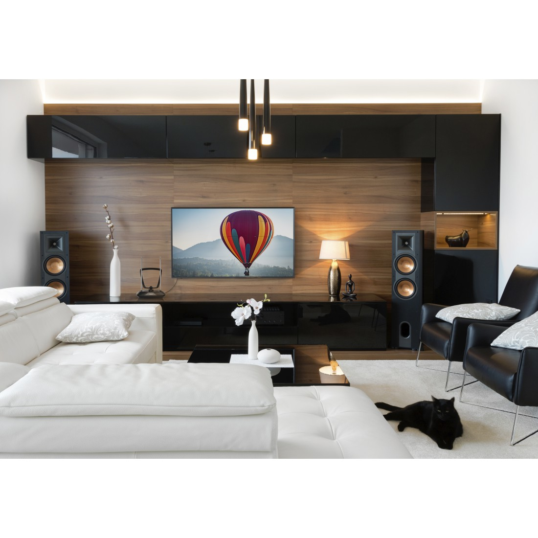 Soggiorno con TV con mongolfiera, divano bianco e gatto nero.