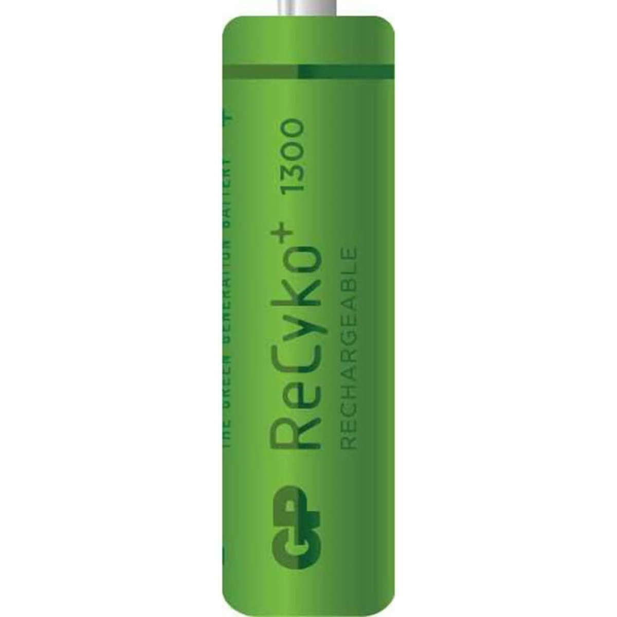 Batteria ricaricabile verde GP ReCyko+ 1300. Sfondo bianco.