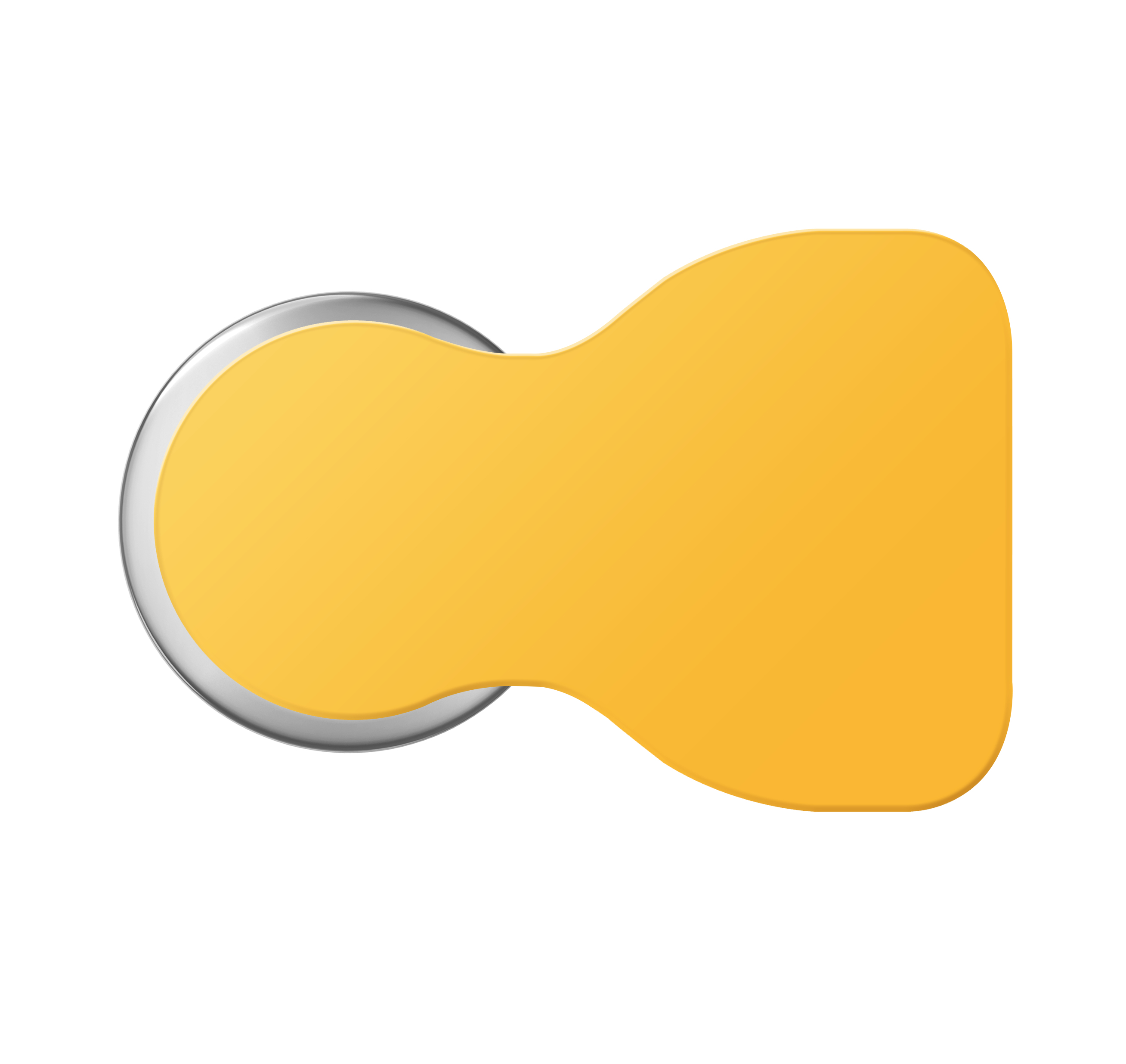 Design a forma di bottone giallo e argento su sfondo bianco.