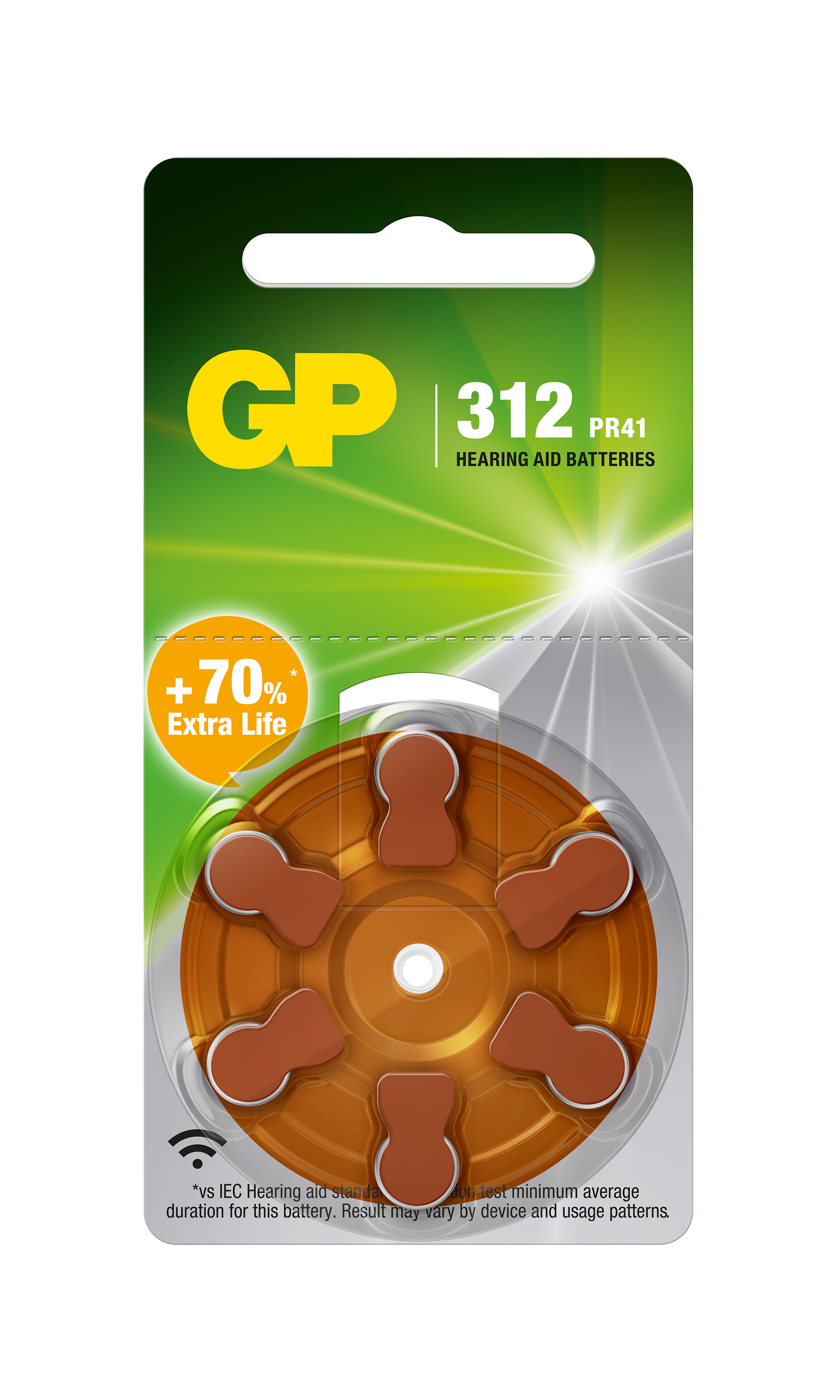 Confezione di batterie per apparecchi acustici GP con batterie marroni. Sfondo bianco.