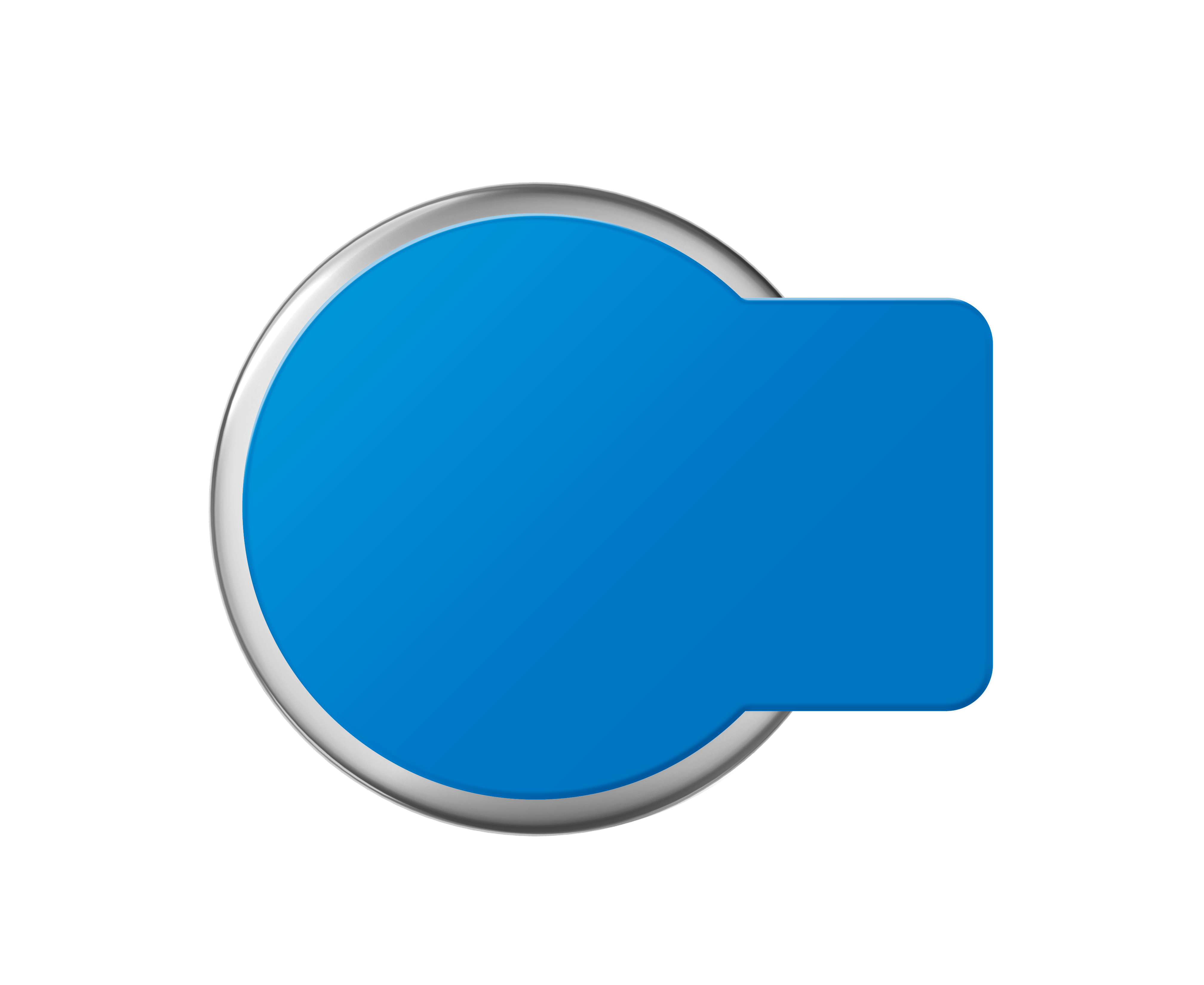 Design a forma di bottone blu e argento su sfondo bianco.