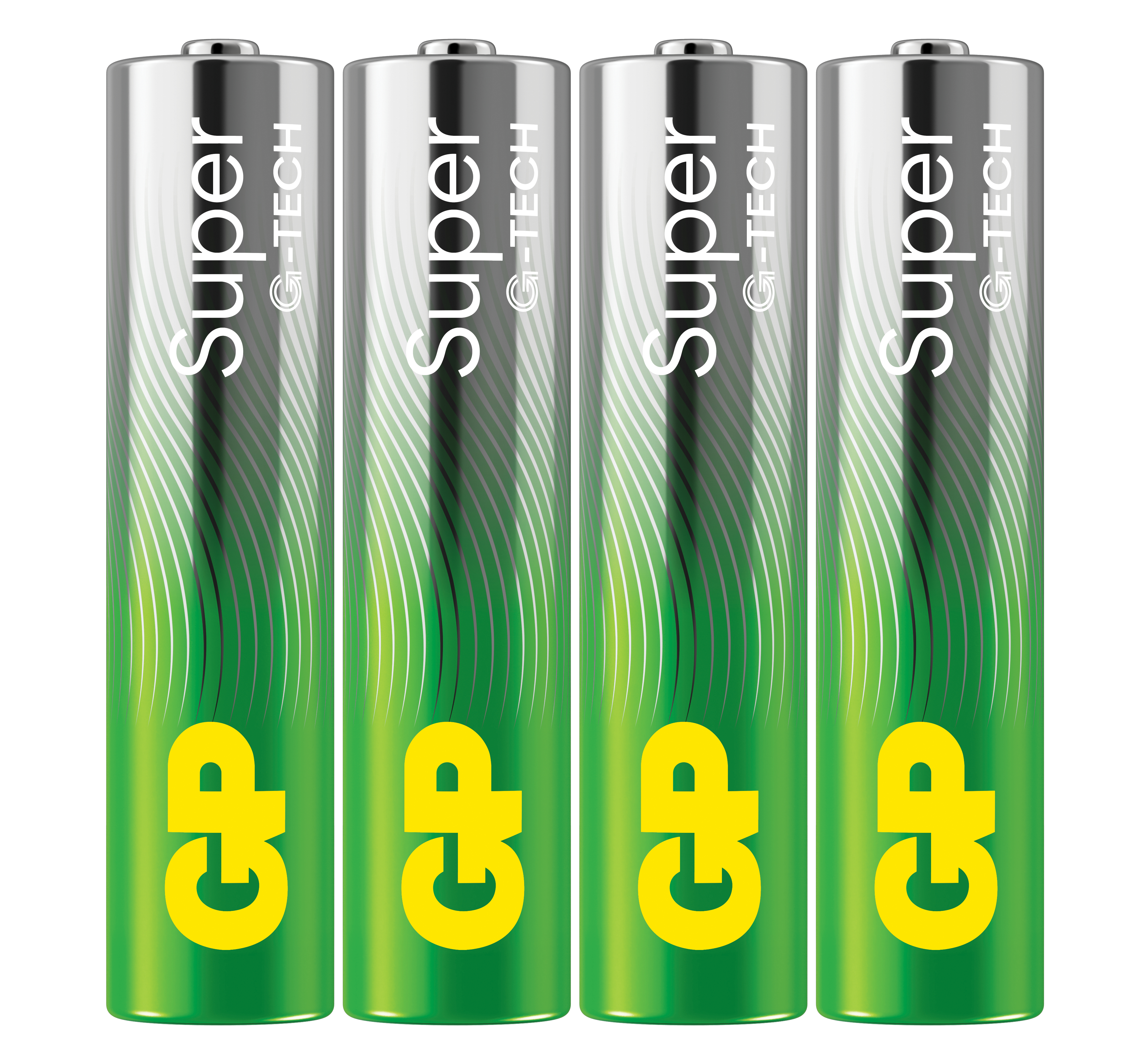 Quattro batterie GP Super G-TECH. Sfondo bianco.
