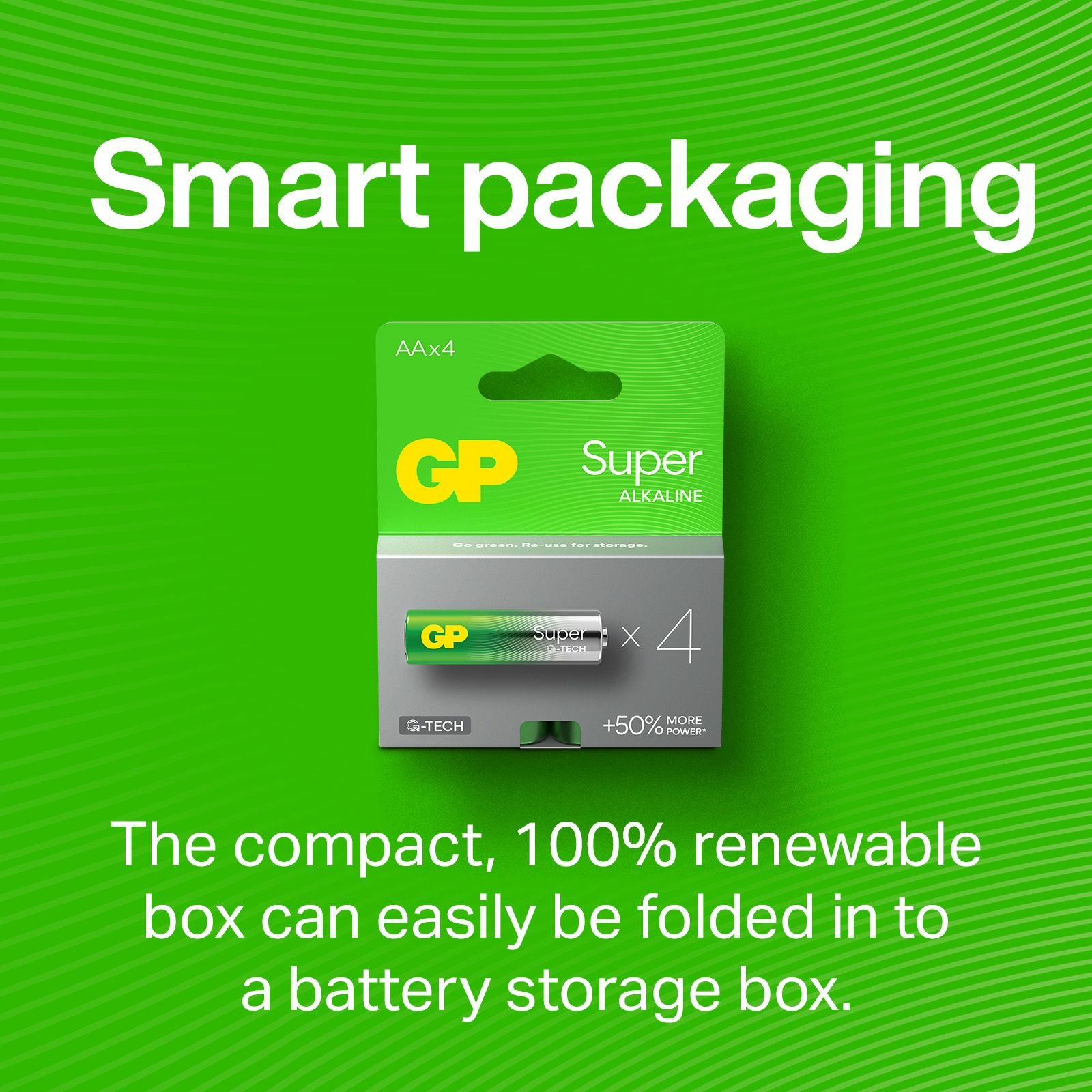 Grüne GP-Batteriepackung mit Text 'Smart packaging'. Weißer Hintergrund.