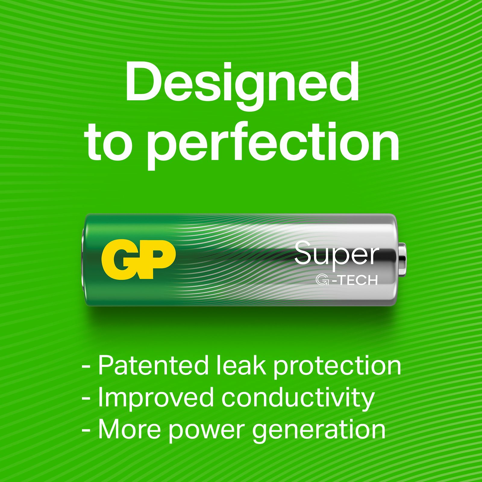 Zielona i srebrna bateria GP Super G-TECH z napisem 'Designed to perfection'.