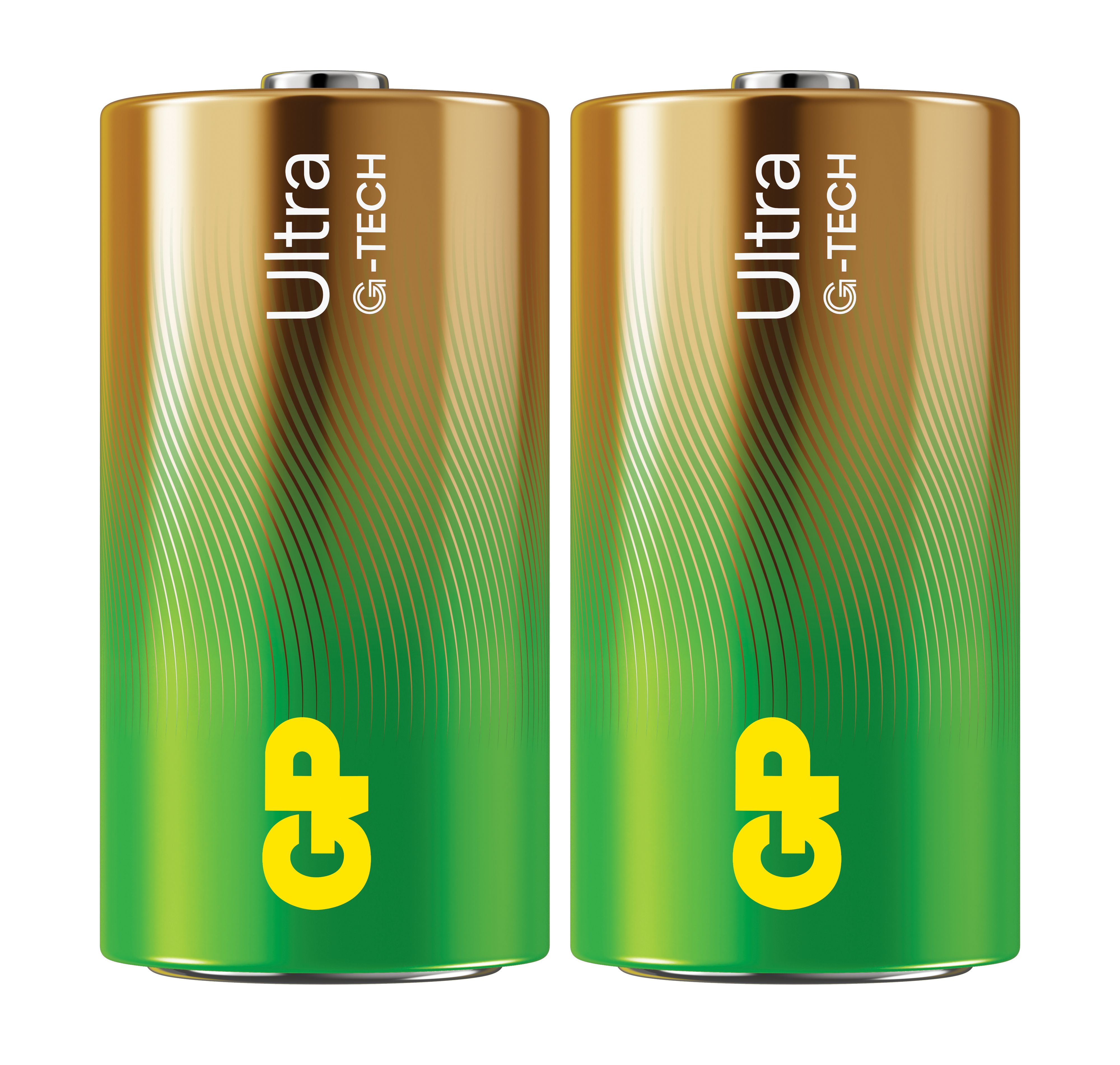 Due batterie GP Ultra G-TECH. Sfondo bianco.