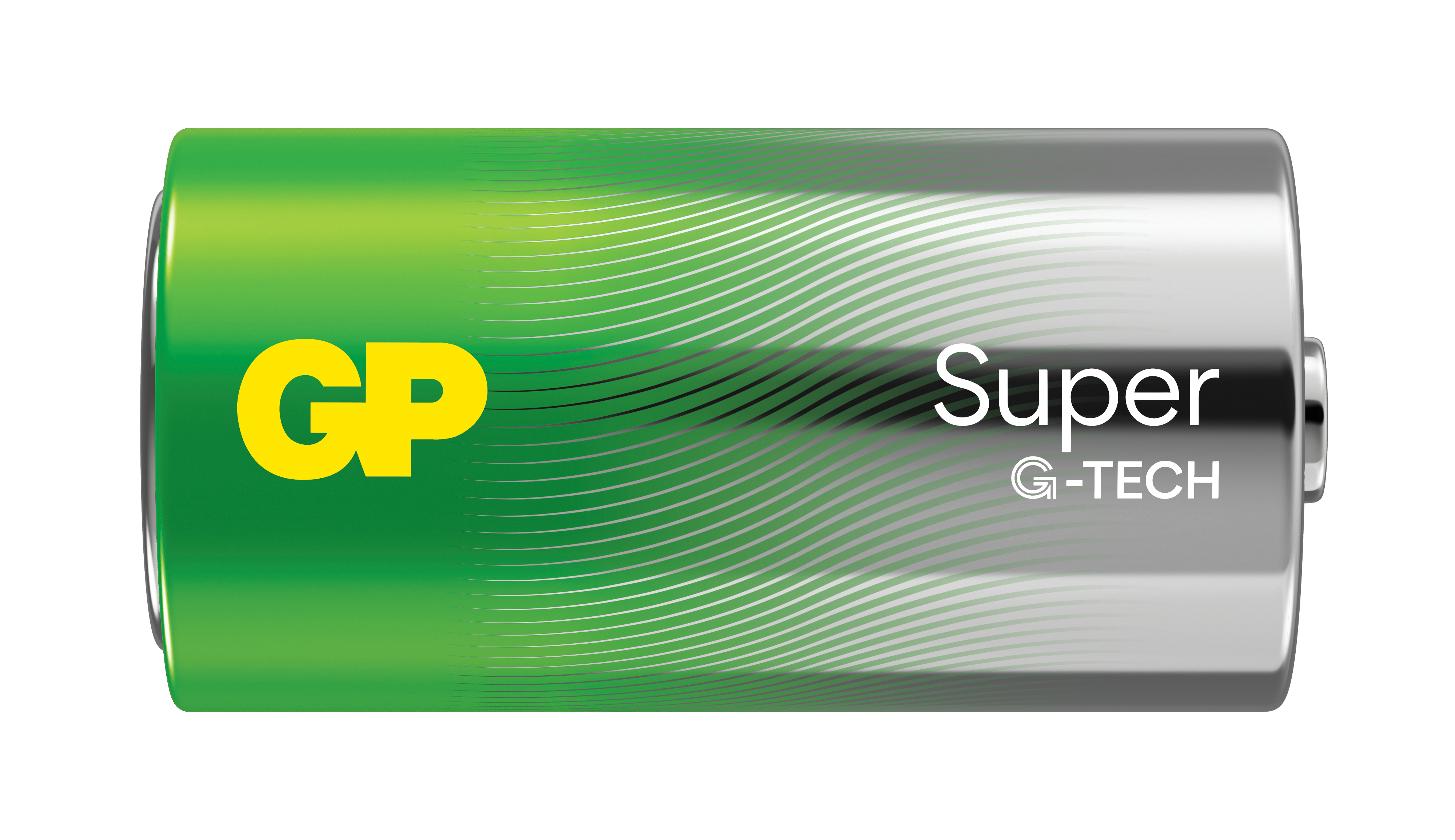 Una batteria GP Super G-TECH. Sfondo bianco.