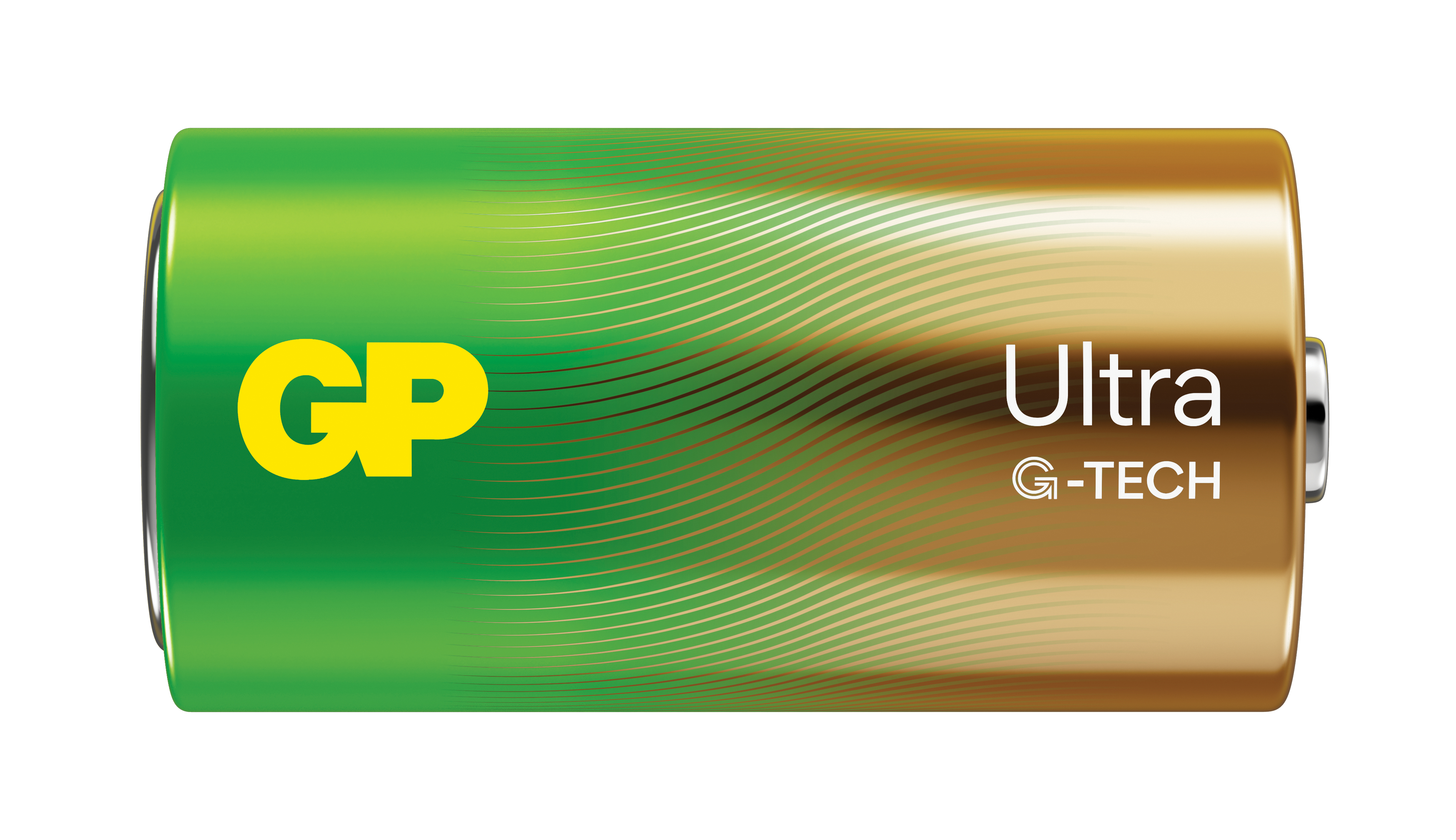 Batteria GP Ultra G-TECH verde e oro. Sfondo bianco.