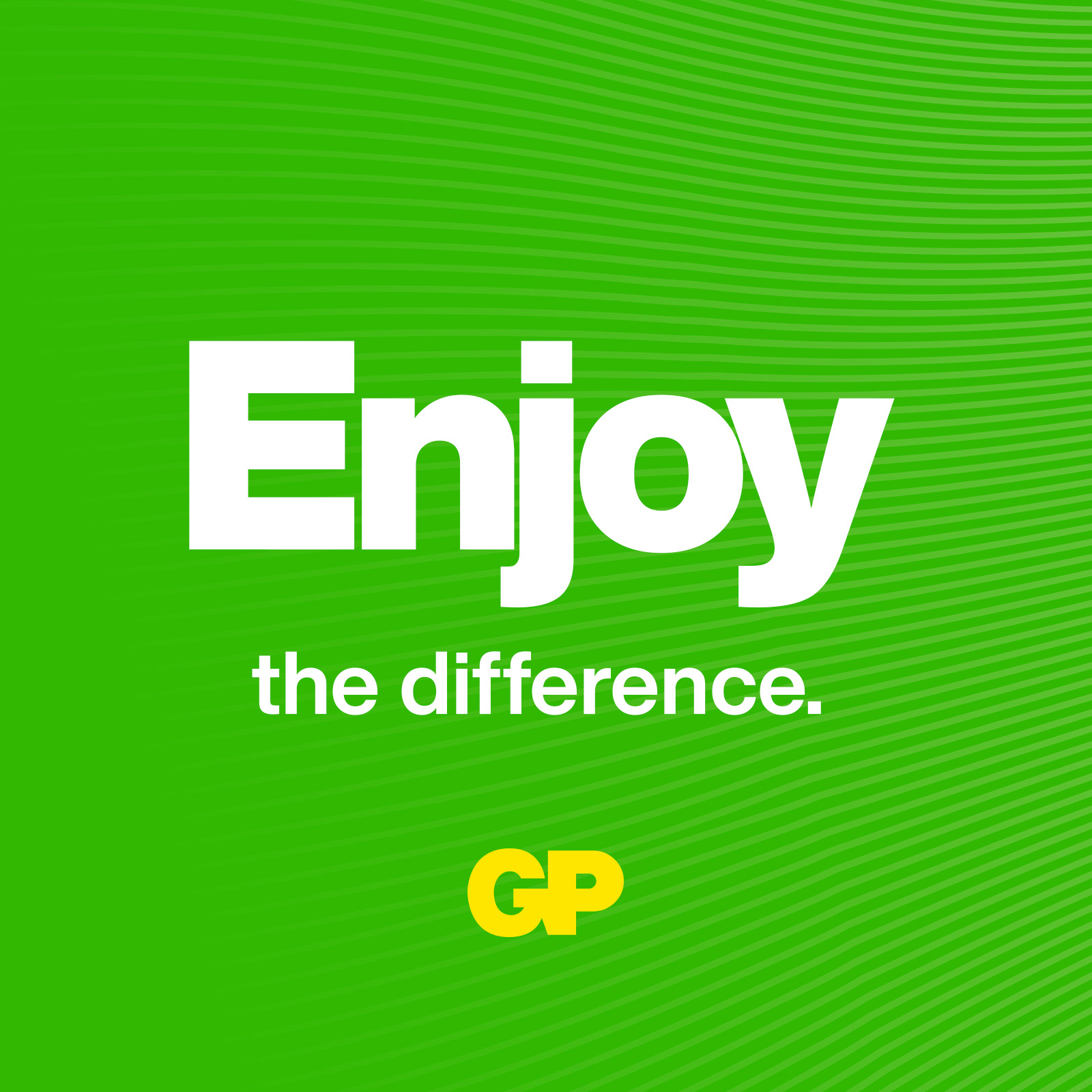 Sfondo verde con Enjoy in testo bianco, the difference. Logo GP.