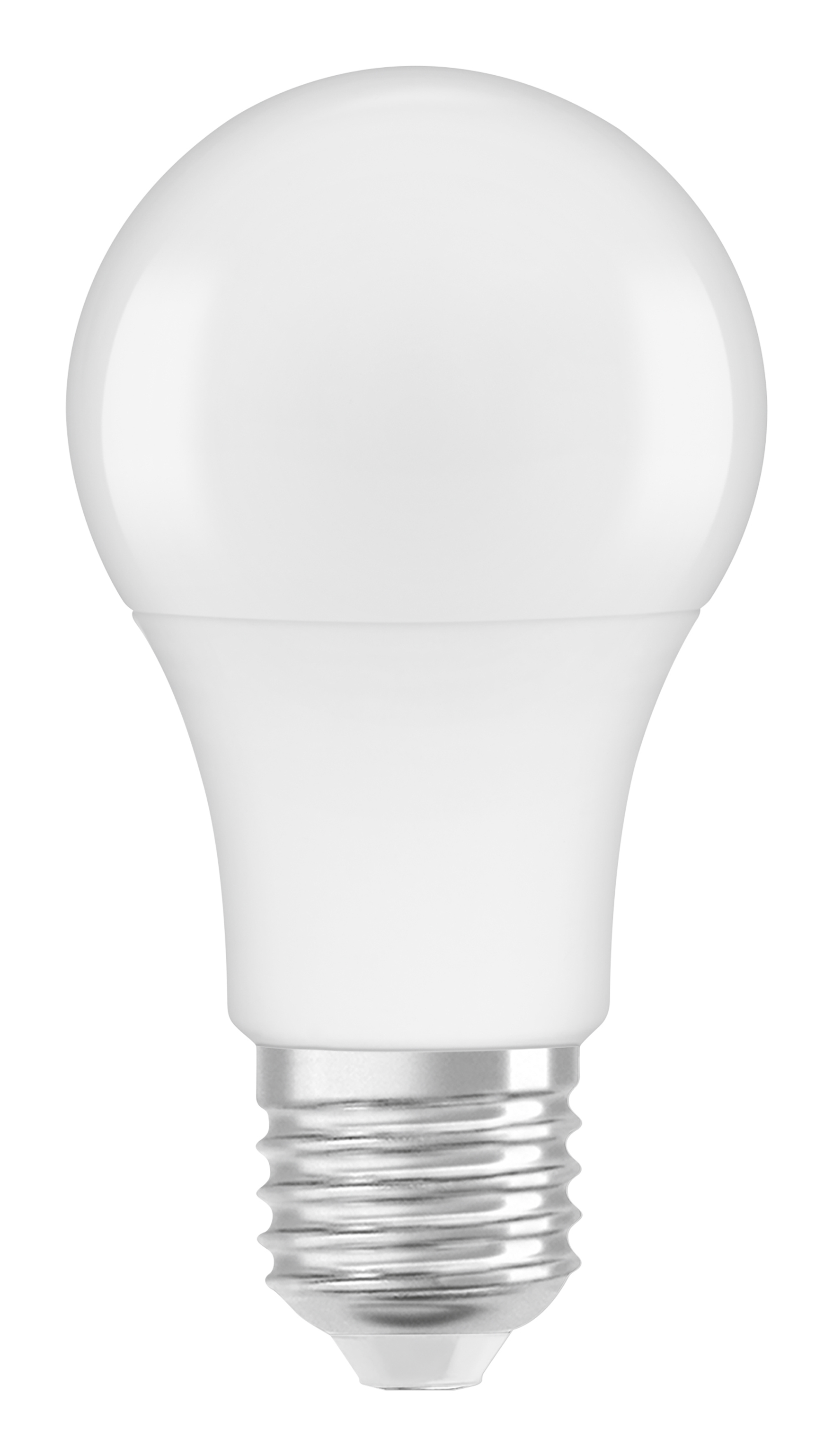 Biała żarówka LED. Ma zaokrągloną górę i gwintowaną srebrną podstawę.