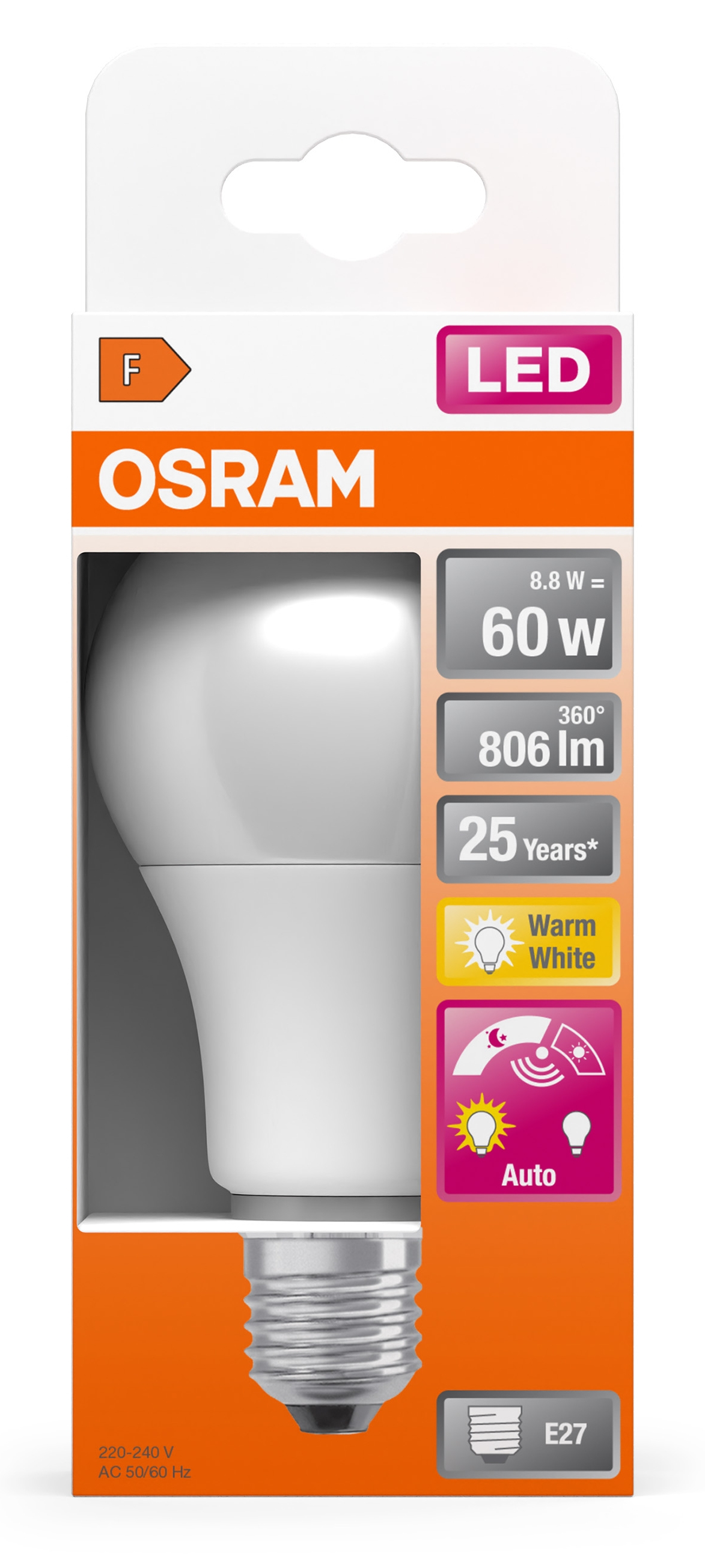 Żarówka LED w pudełku. Pudełko ma ilustrację białej żarówki i tekst o cechach żarówki.