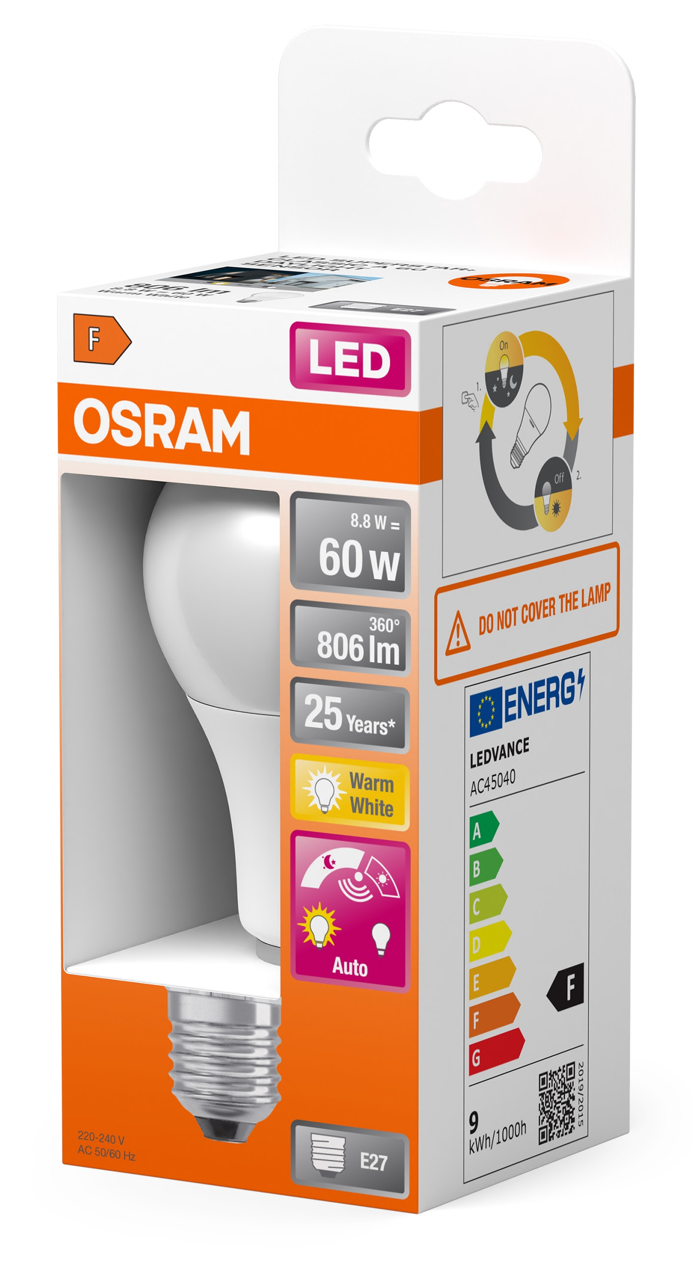 Opakowana żarówka LED ze specyfikacjami, z białą żarówką i gwintem E27.