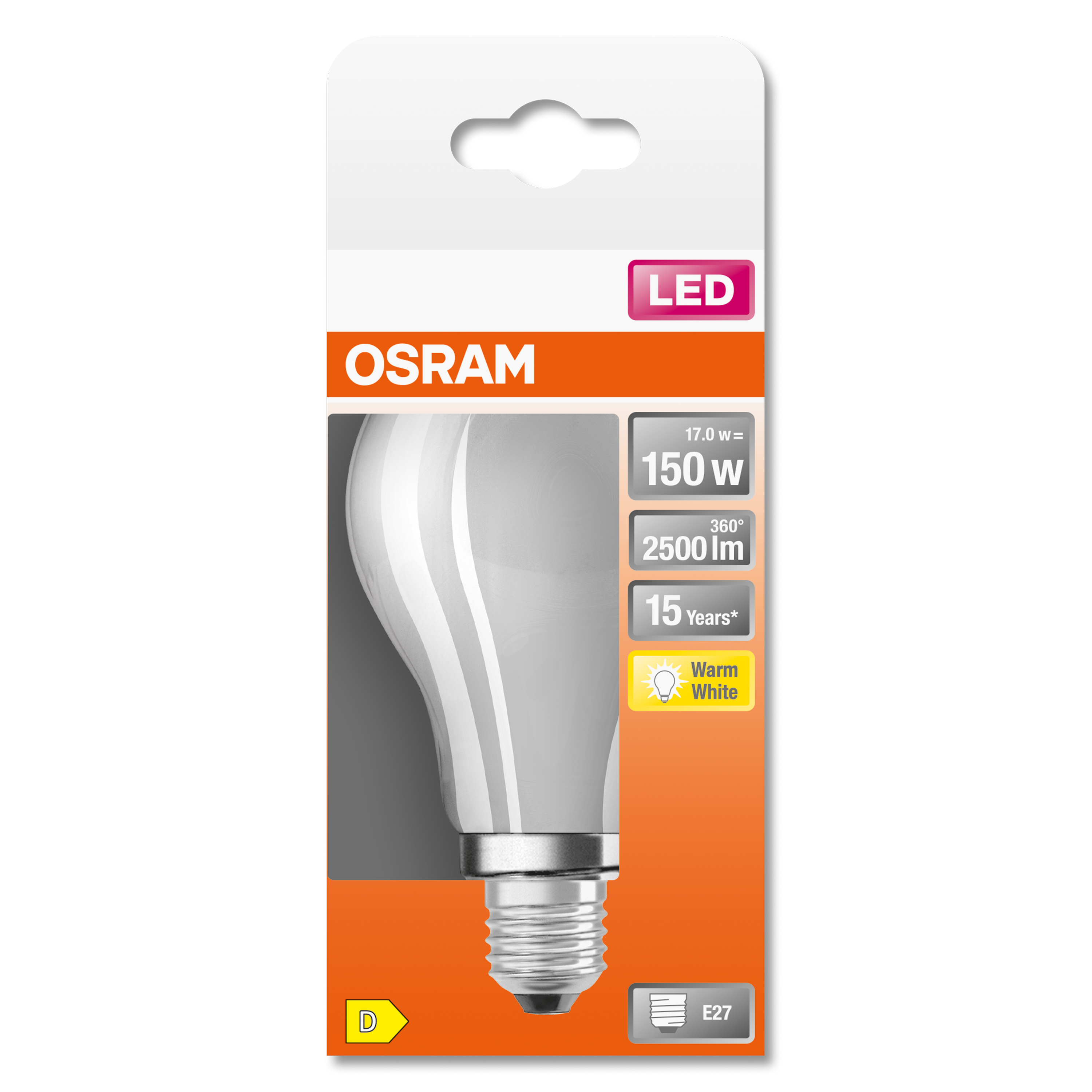 Un paquete para una bombilla LED. Dice OSRAM y tiene una imagen de la bombilla.