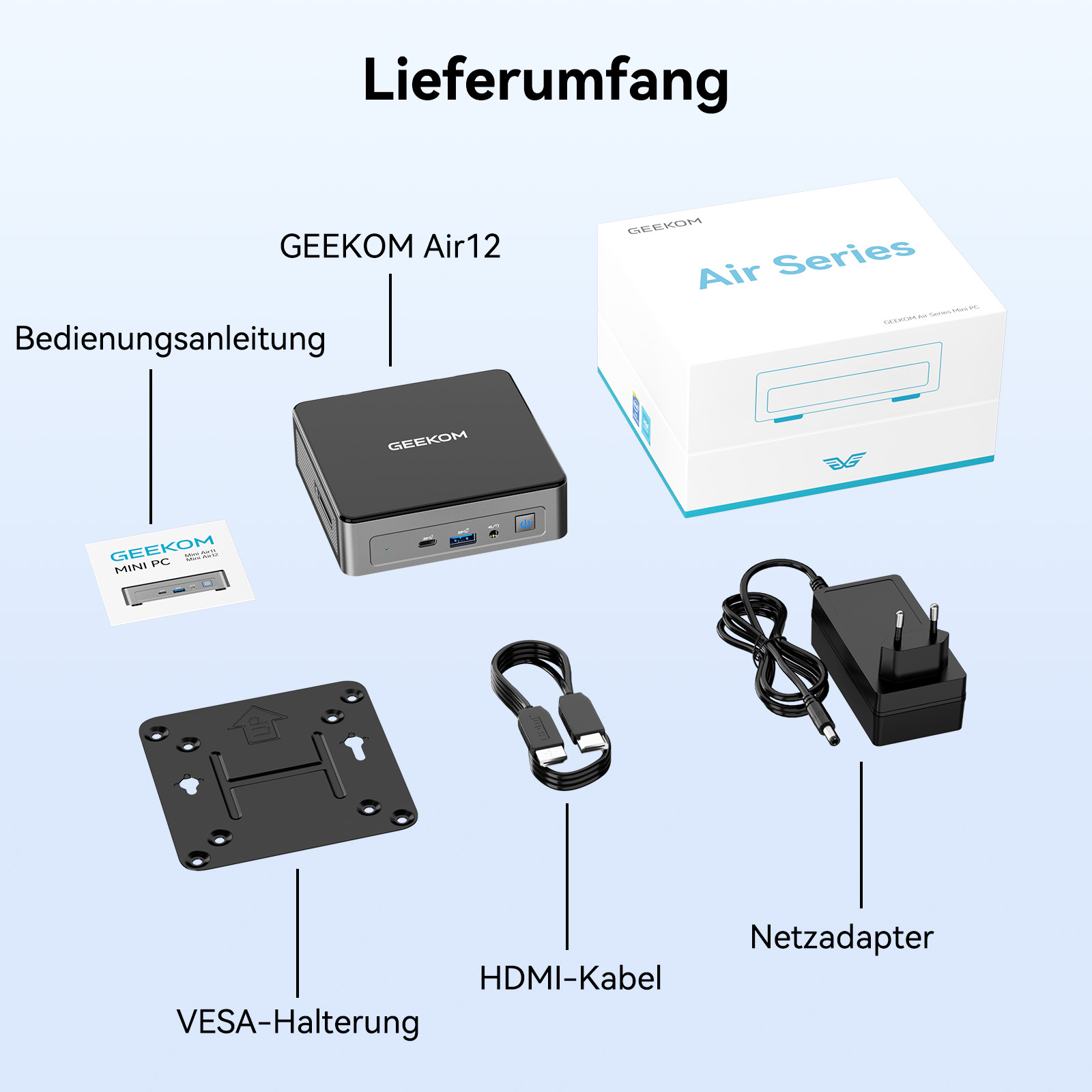 GEEKOM Air Series Mini-PC-Komponenten: PC, VESA-Halterung, HDMI-Kabel und Netzteil.