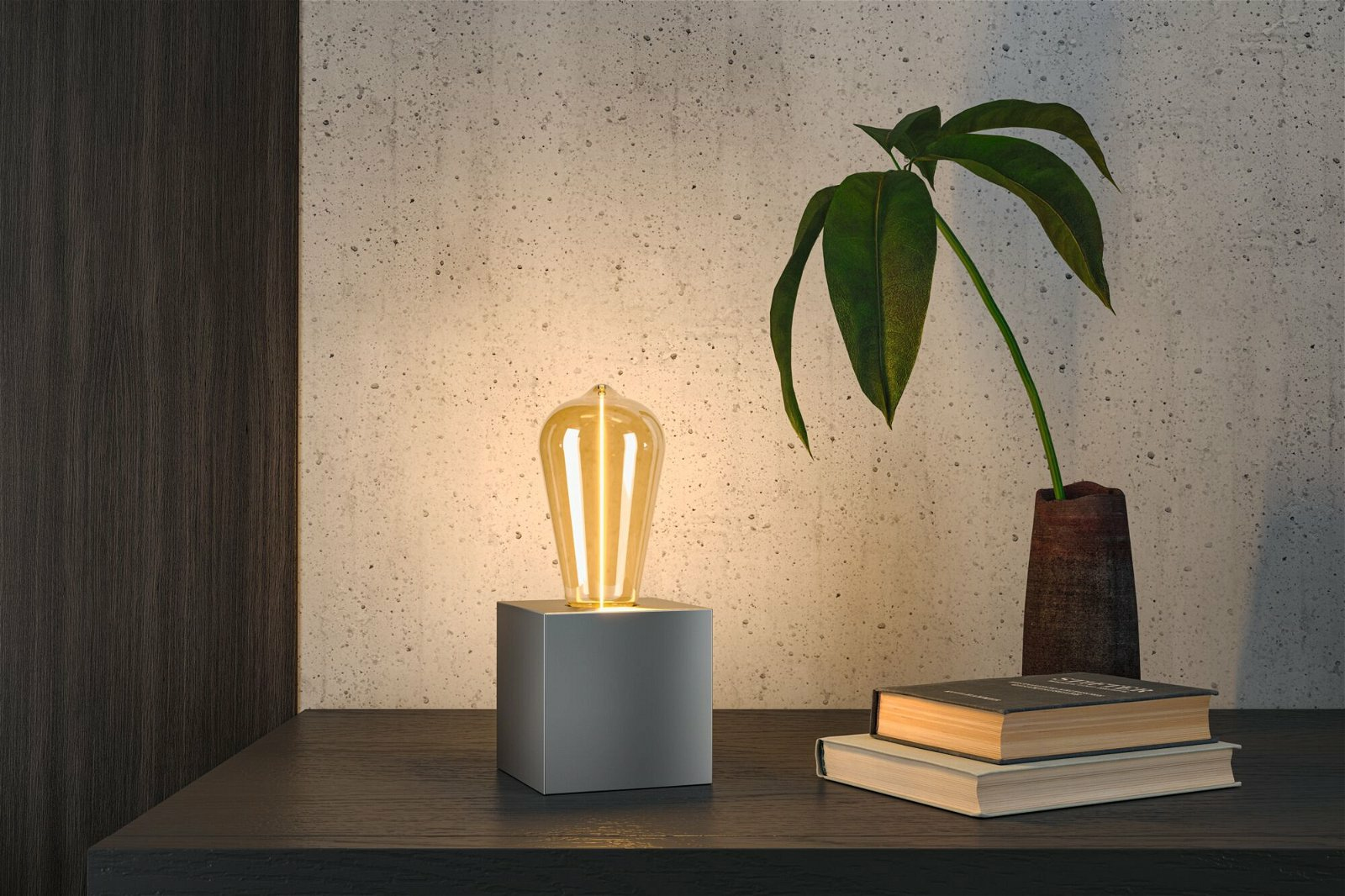 Une ampoule allumée sur un cube gris sur une table sombre, avec des livres et une plante.