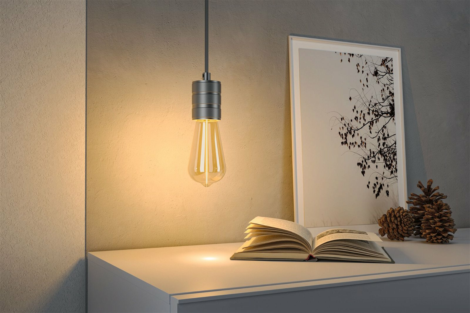 Ampoule suspendue, livre ouvert, cadre photo et pommes de pin sur surface blanche. Éclairage chaud.