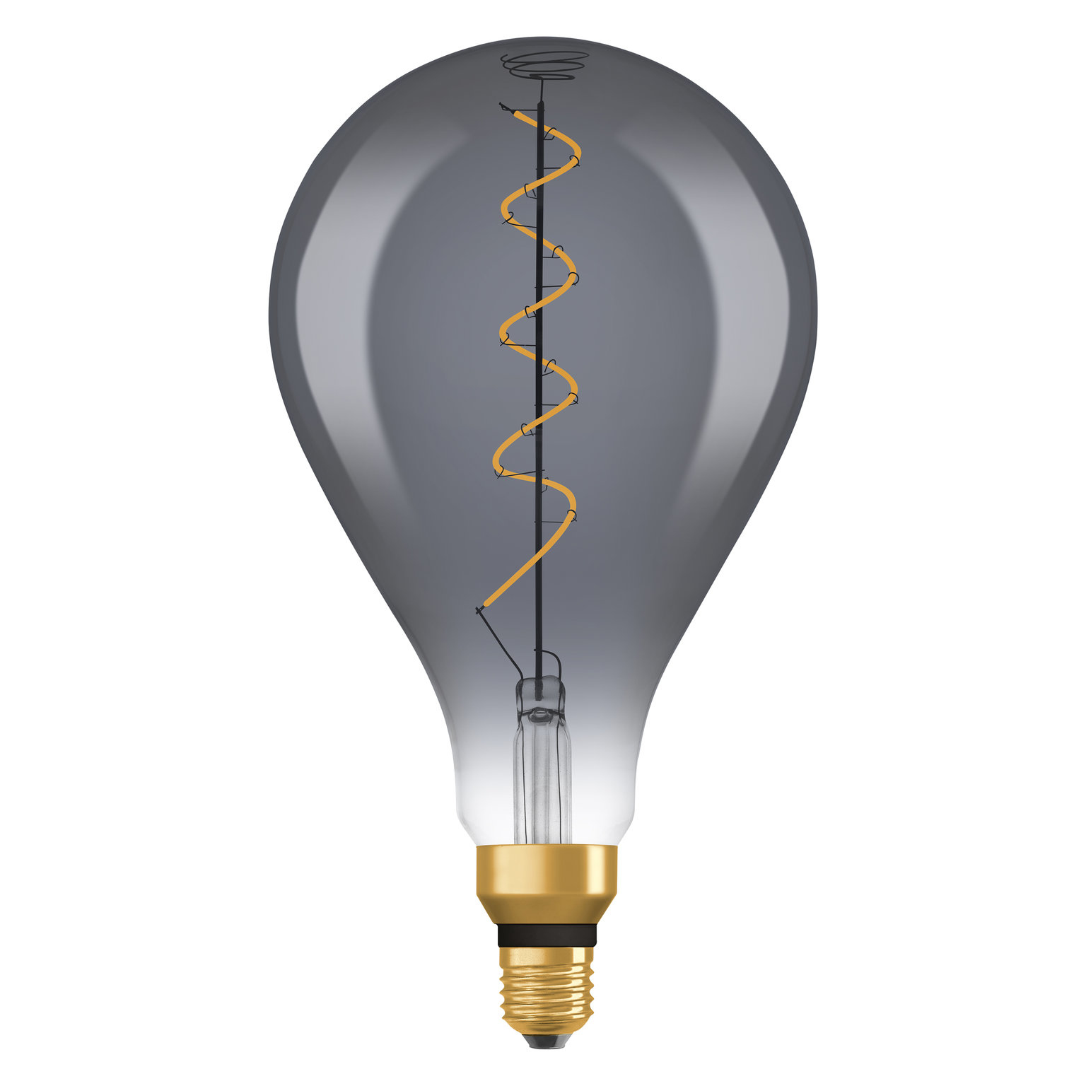 Una lampadina grigia con una forma unica, una base dorata e un filamento a spirale.
