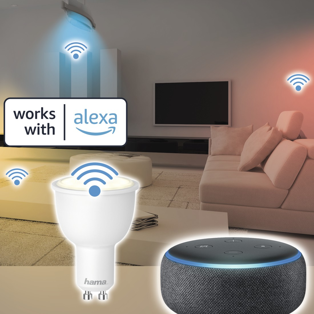 Scena del soggiorno con altoparlante intelligente Alexa, lampadina wifi e icone wifi.