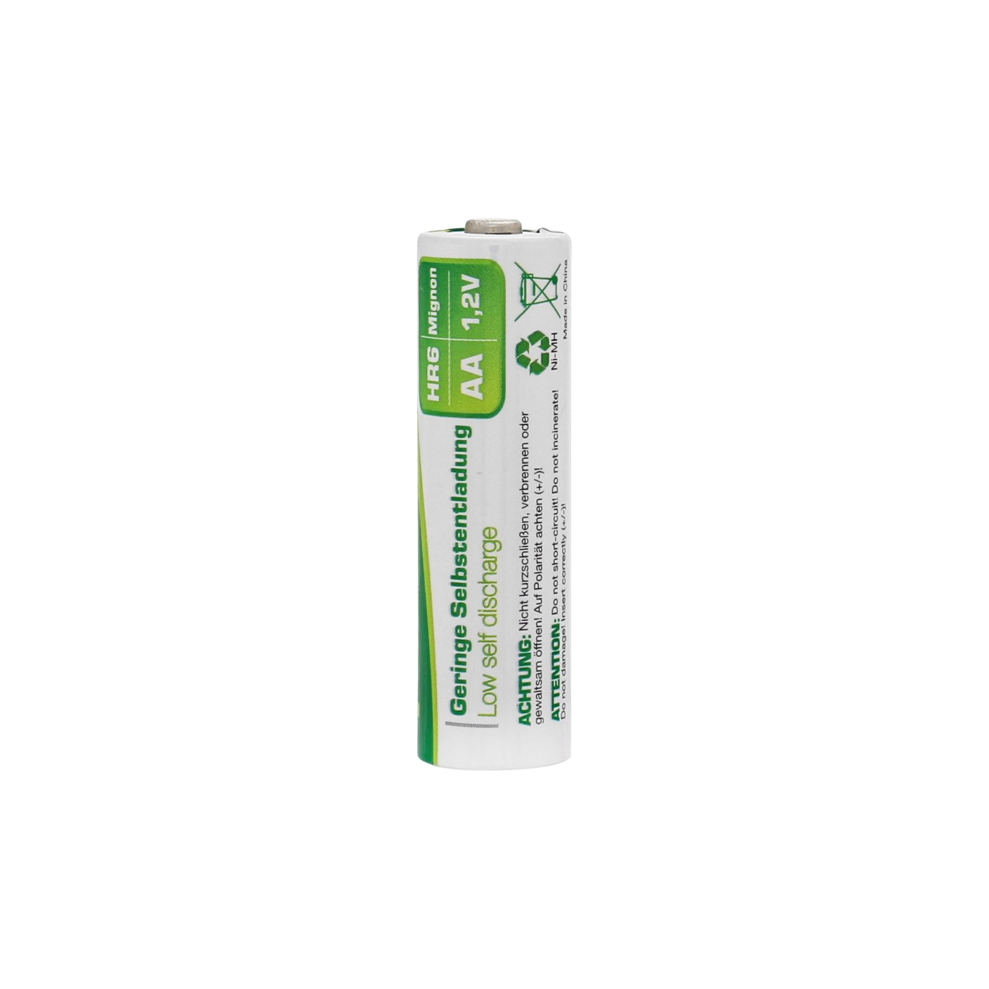 Batteria AA con testo, colori bianco e verde. Logo di riciclaggio verde a destra.