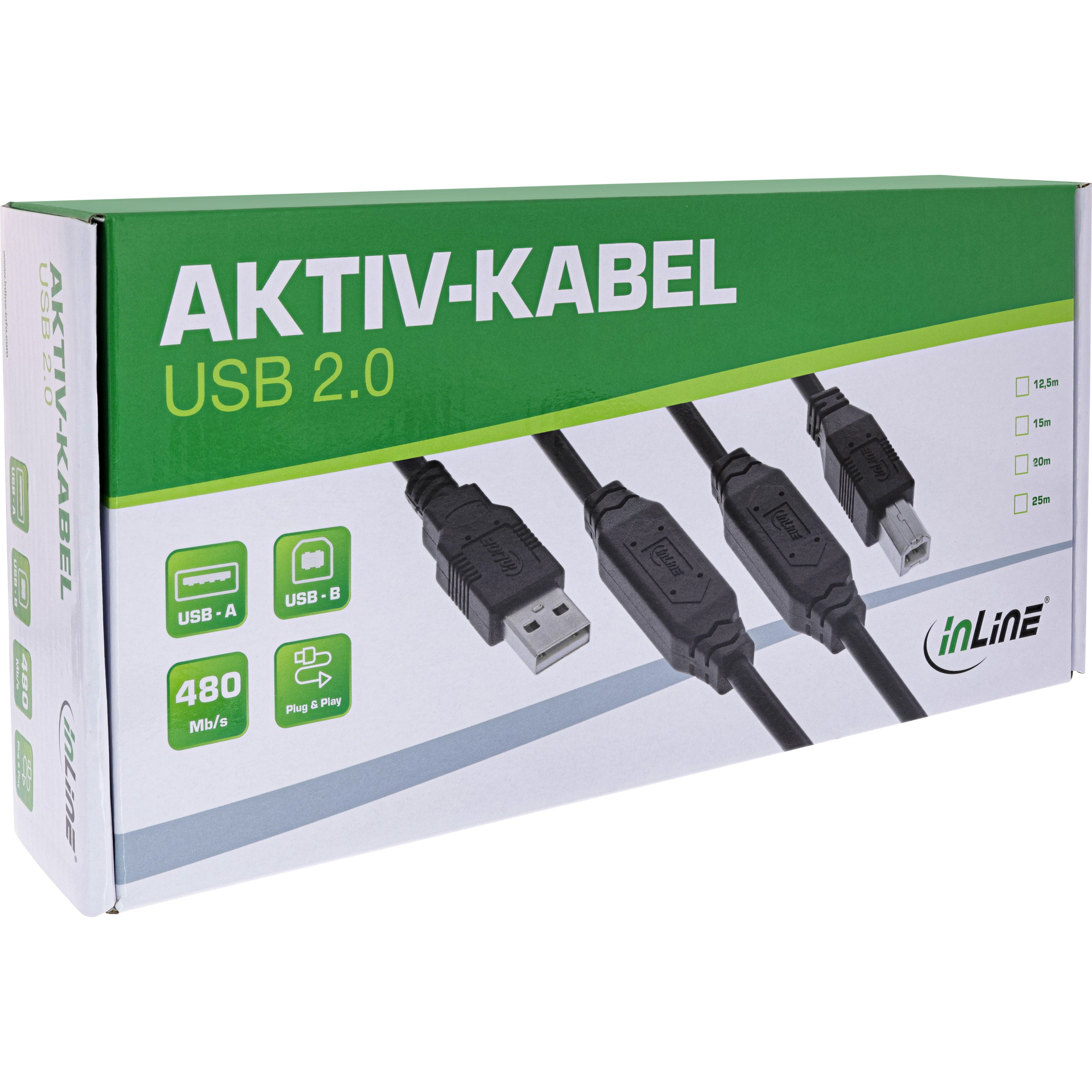 Una scatola USB 2.0 AKTIV-KABEL con connettori, vista angolata, sfondo bianco.