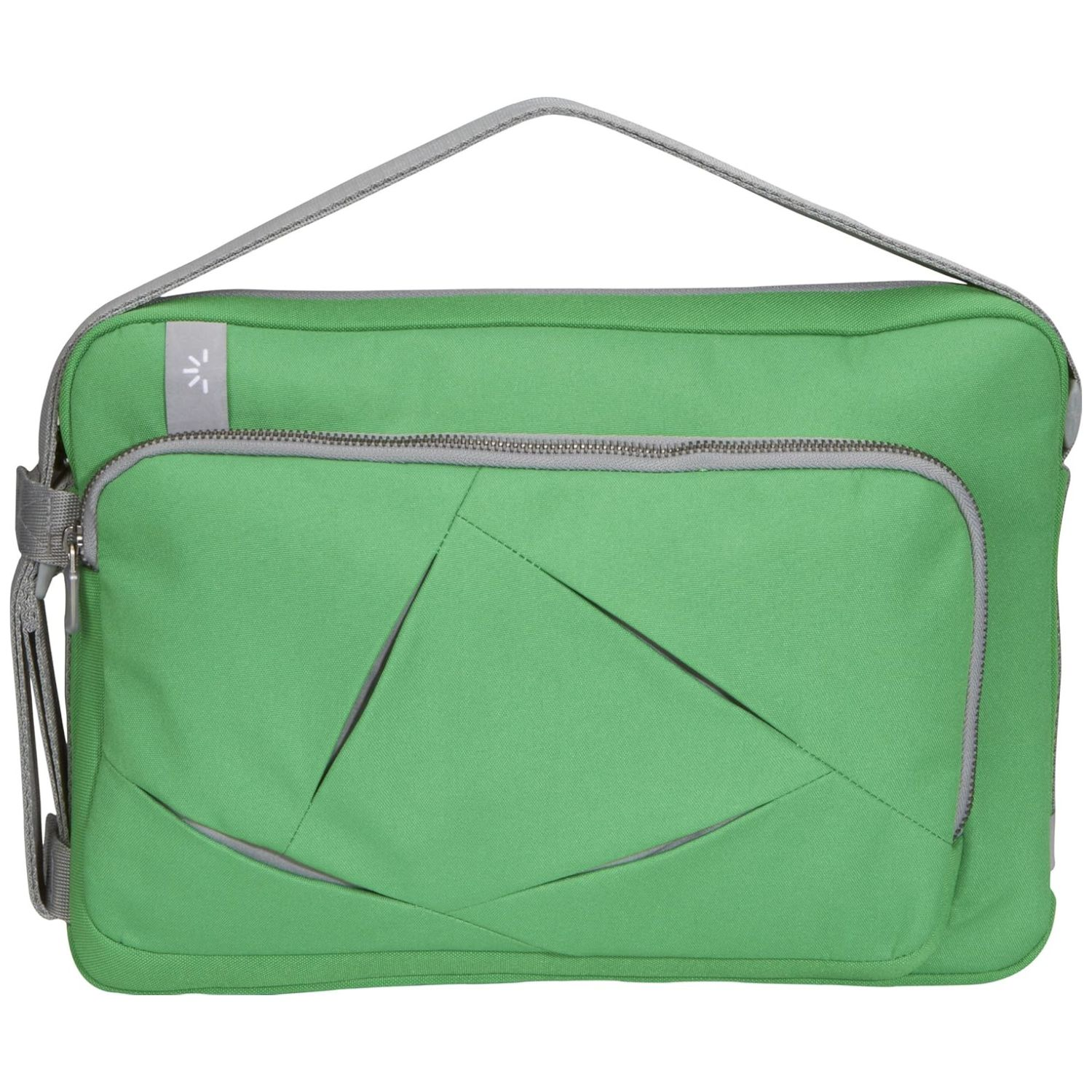 Grüne Laptoptasche mit grauen Akzenten, Griff und einer Vordertasche.