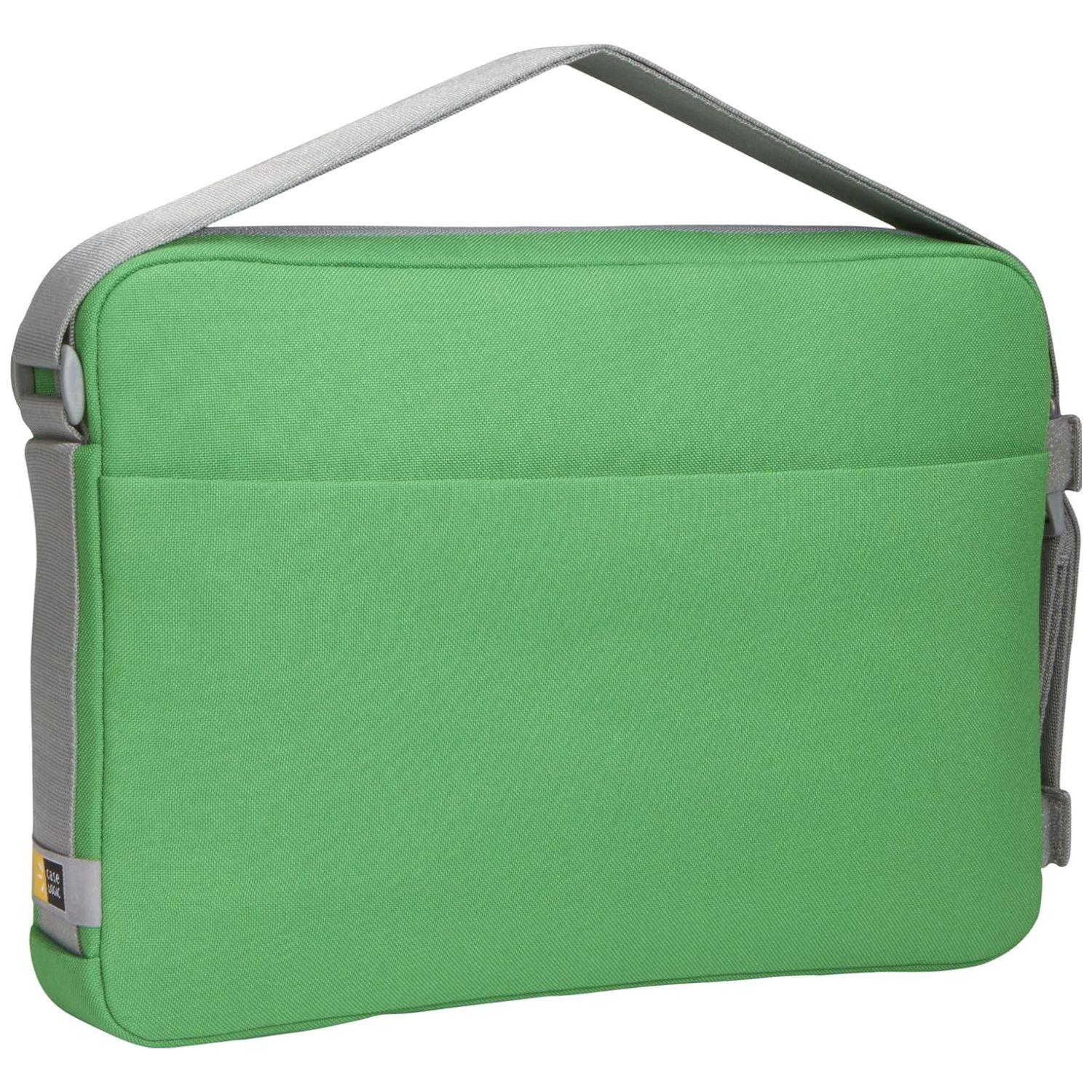 Grüne rechteckige Tasche mit grauem Schultergurt und einer Tasche auf der Vorderseite.