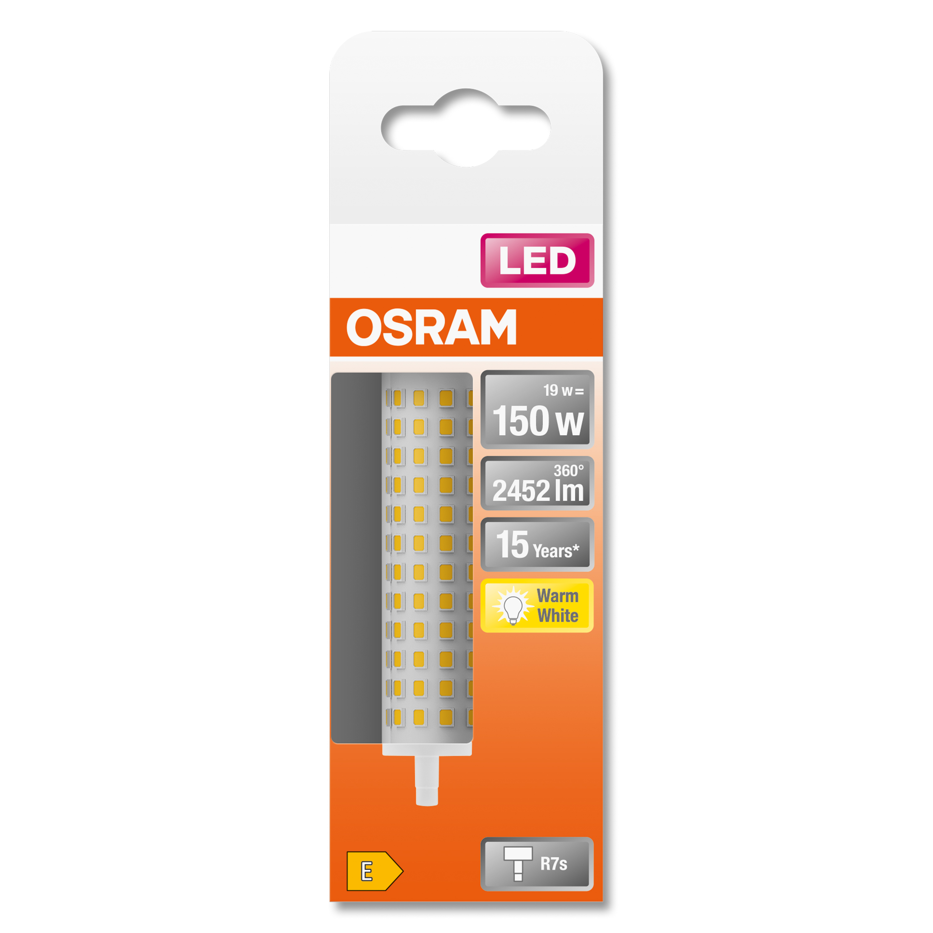 Un emballage pour une ampoule LED. Il montre les spécifications de l'ampoule, y compris 19W et l'équivalent de 150W.