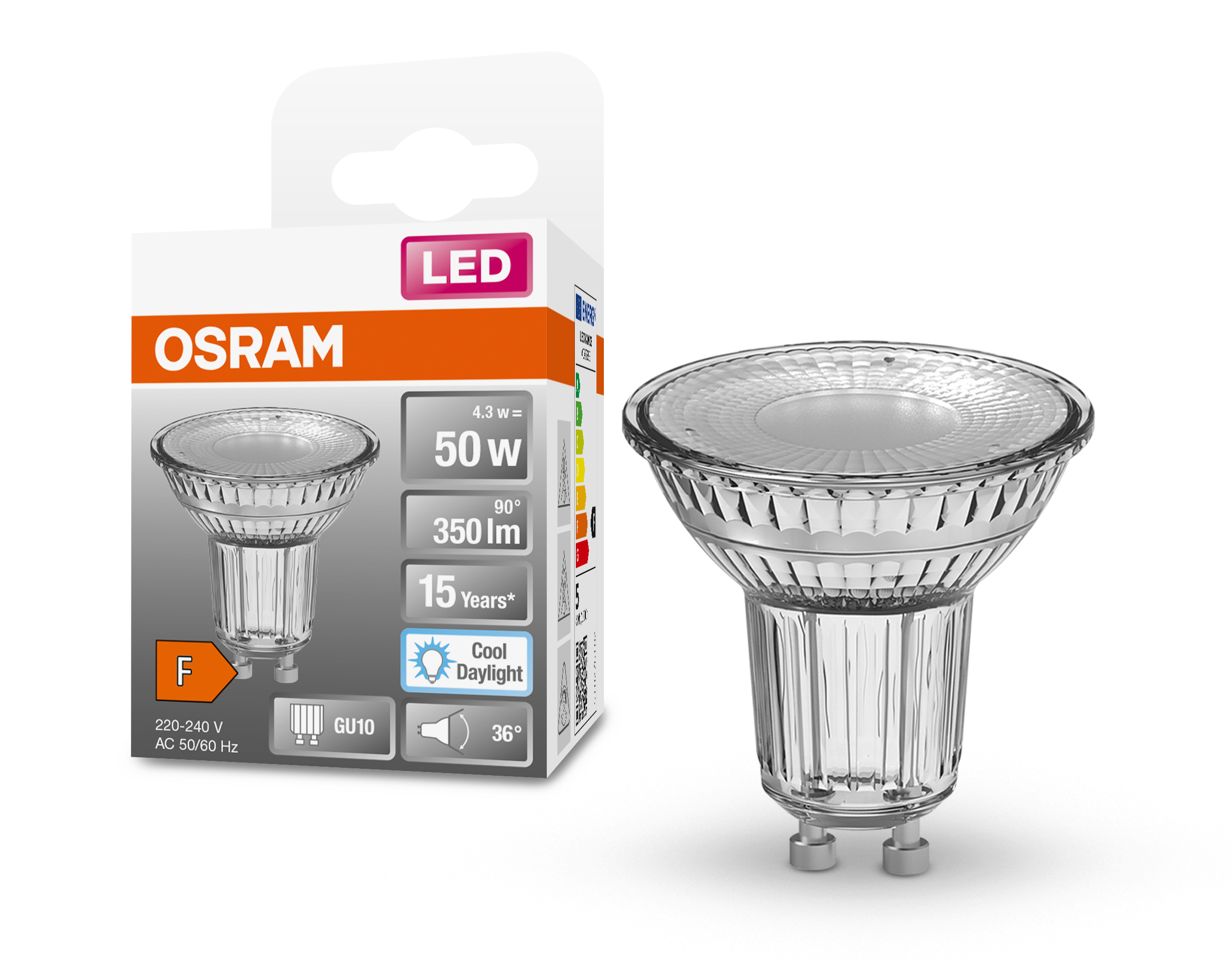 Eine OSRAM LED-Glühbirne mit klarem Glasdesign, auf weißem Hintergrund. Verpackung sichtbar.