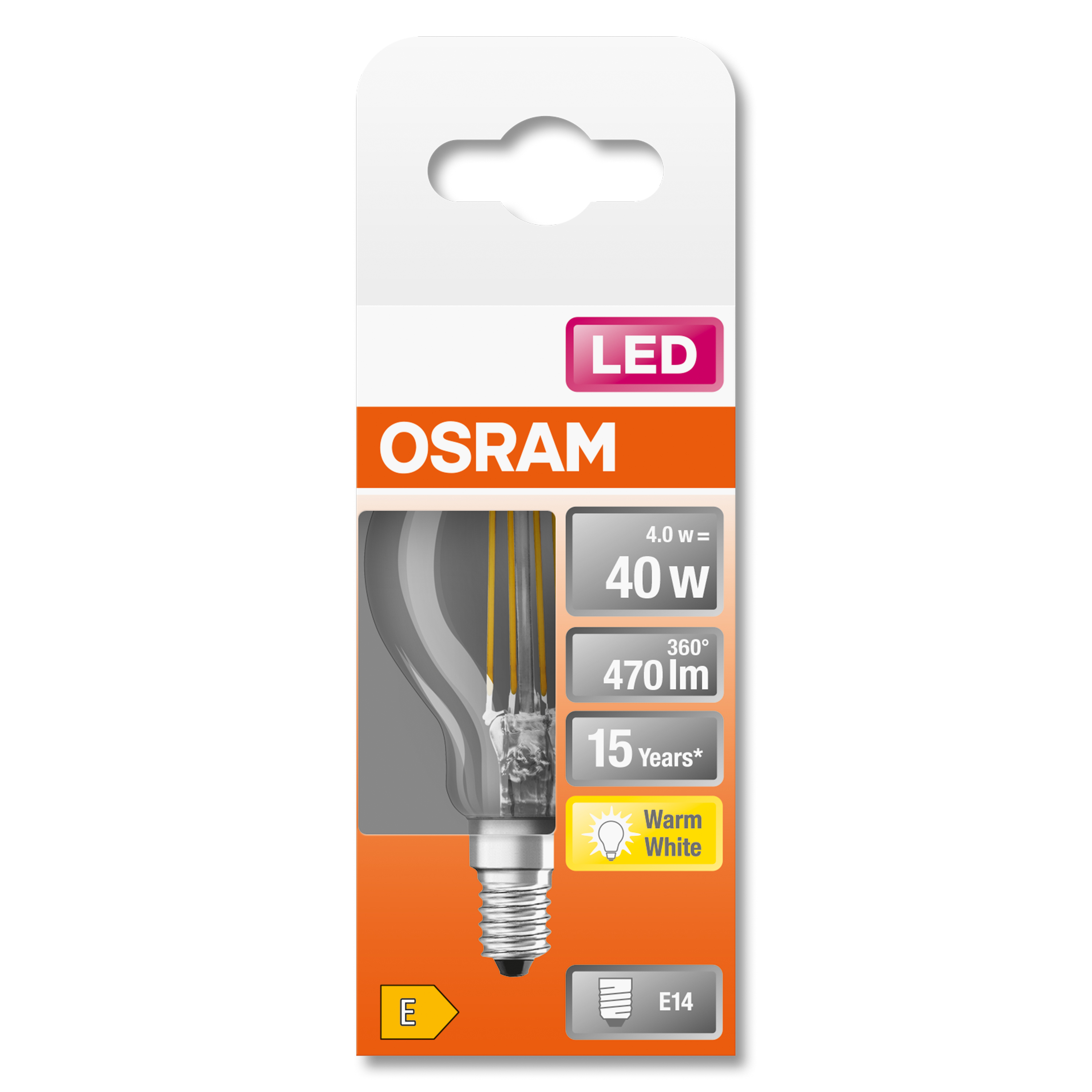 OSRAM LED-Glühbirnenverpackung. Zeigt die Glühbirne, Spezifikationen und Marke.