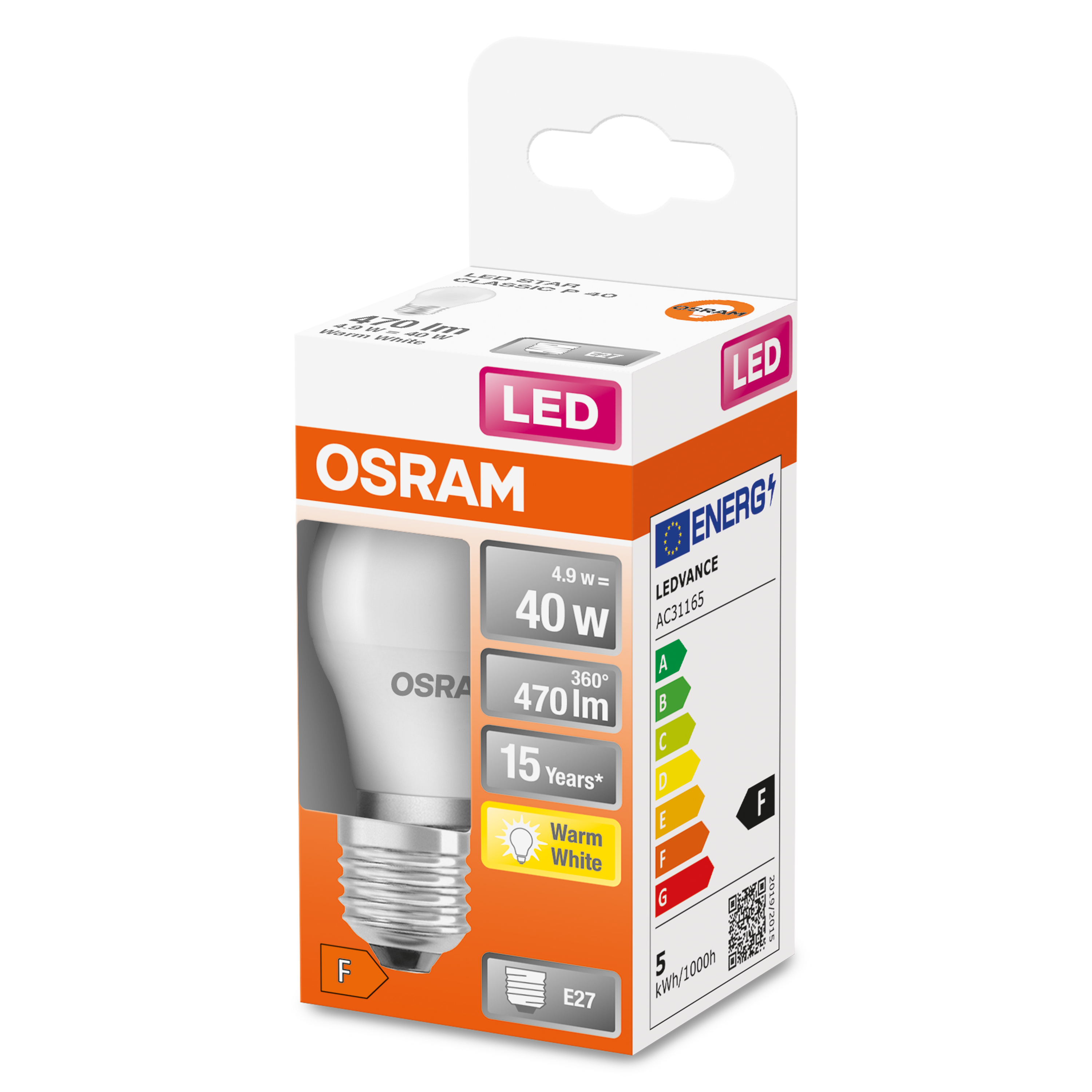 Lampadina LED OSRAM in scatola bianca, etichetta energetica con F, 40W, 470lm e QR code.