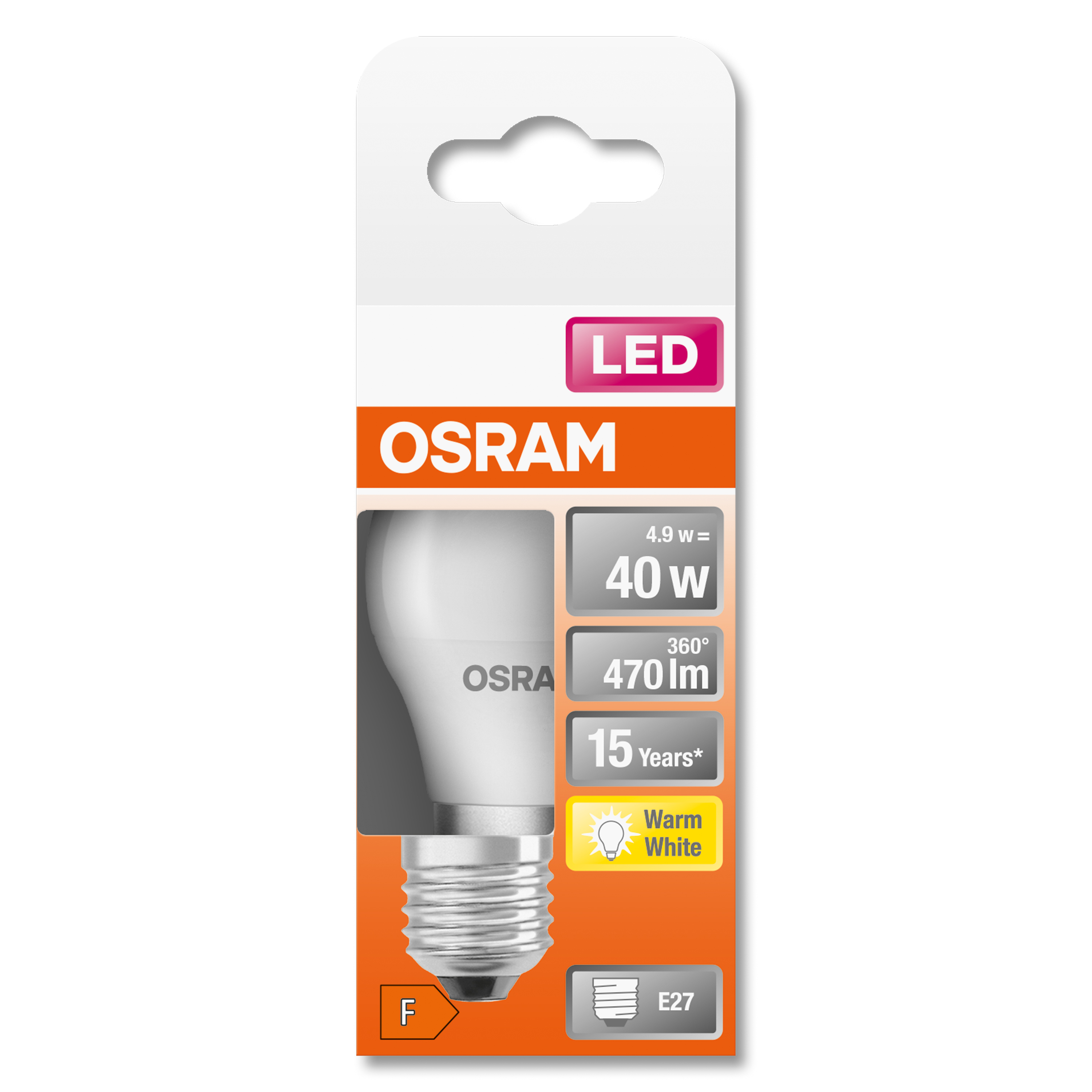 Confezione di lampadina LED con lampadina visibile. L'etichetta dice 4.9W, 40W, 470lm, 15 anni.