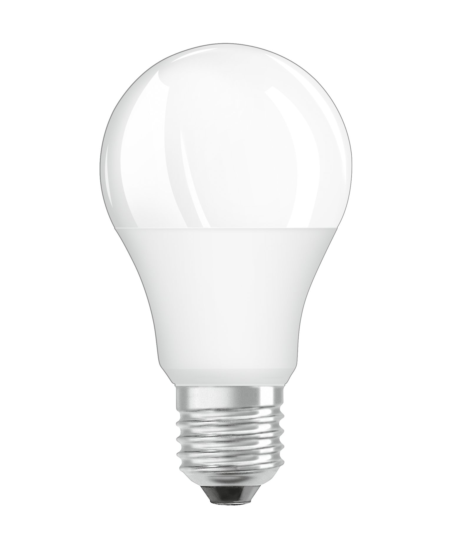 Ampoule LED blanche avec socle argenté, sur fond blanc.