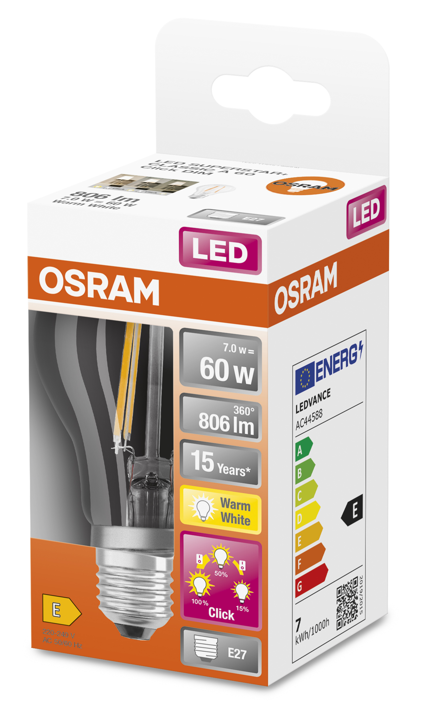 Scatola lampadina LED. Marca OSRAM, 7.0W = 60W, 806 lm, 15 anni. Classe energetica E. Sfondo bianco.