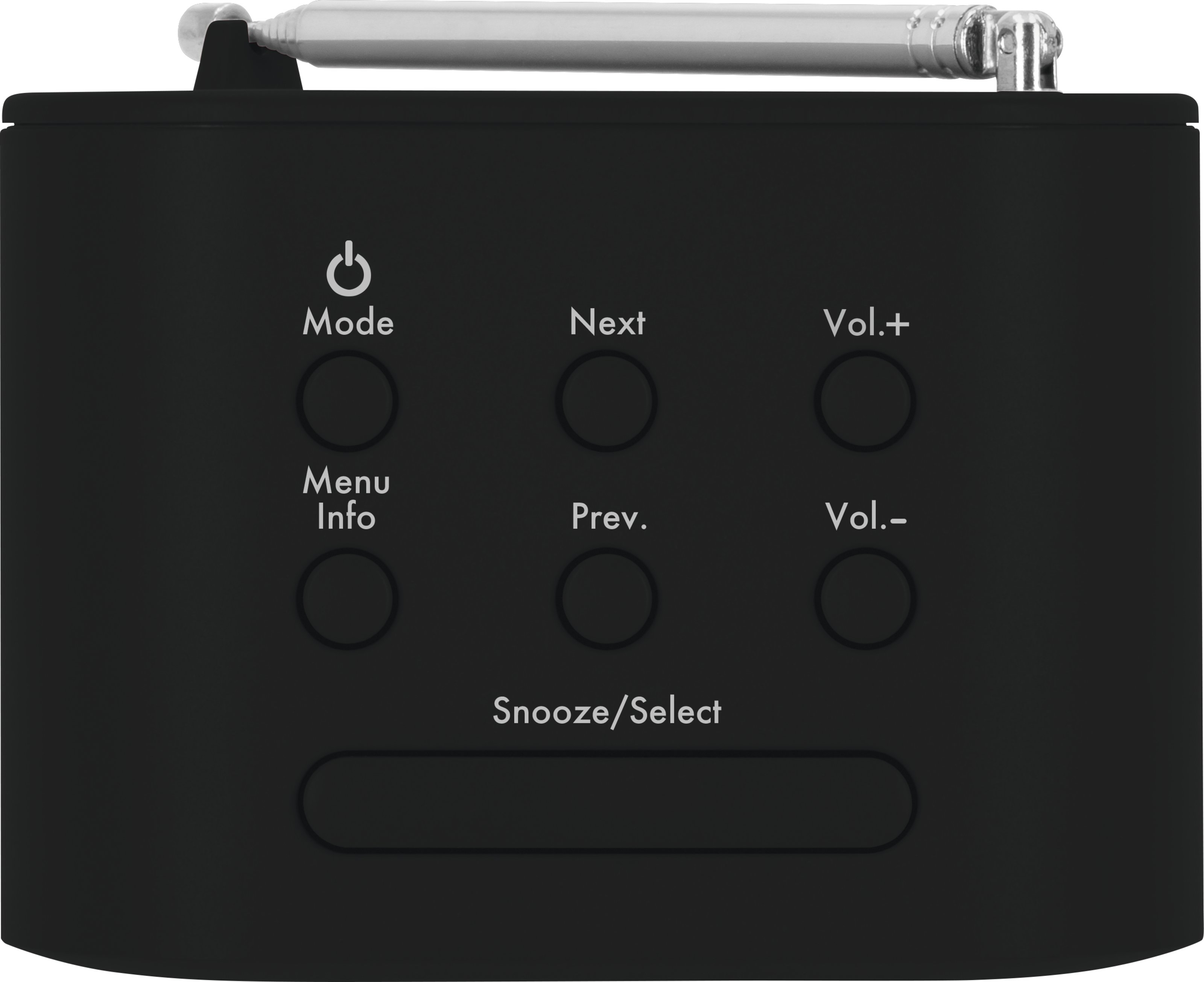 Czarne radio z przyciskami: Mode, Menu Info, Next, Prev, Vol.+, i Vol.-. Antena na górze.