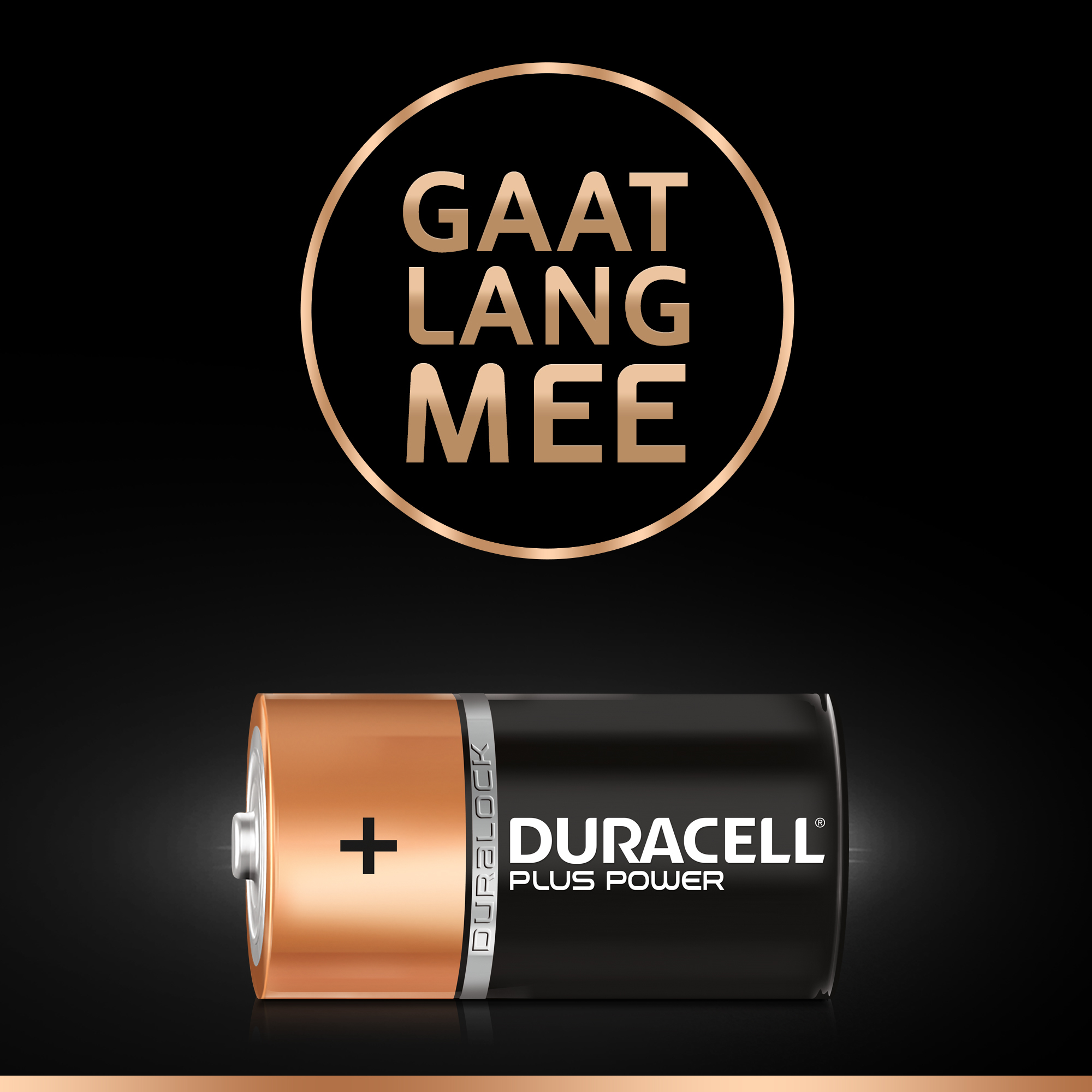 Bateria Duracell ze znakiem plus, tekst: Duracell Plus Power i złoto-brązowe koło.