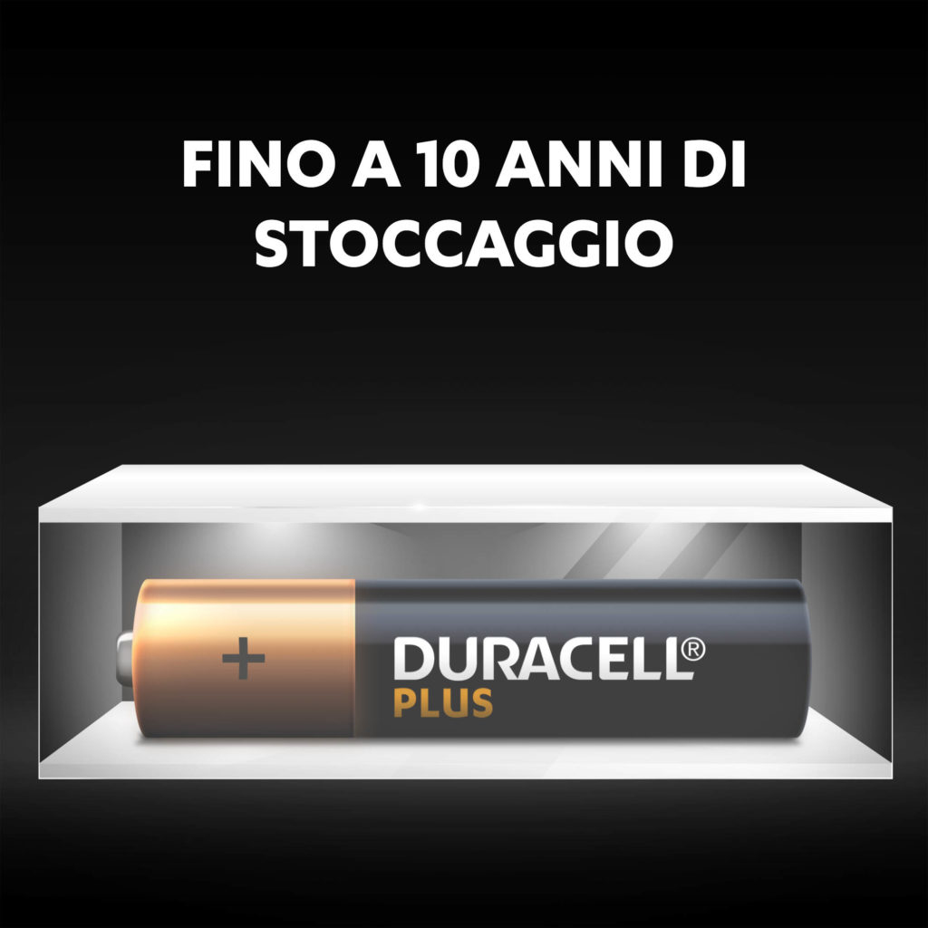 Bateria Duracell Plus AA w przezroczystym pudełku. Tekst: Fino a 10 anni di stoccaggio.