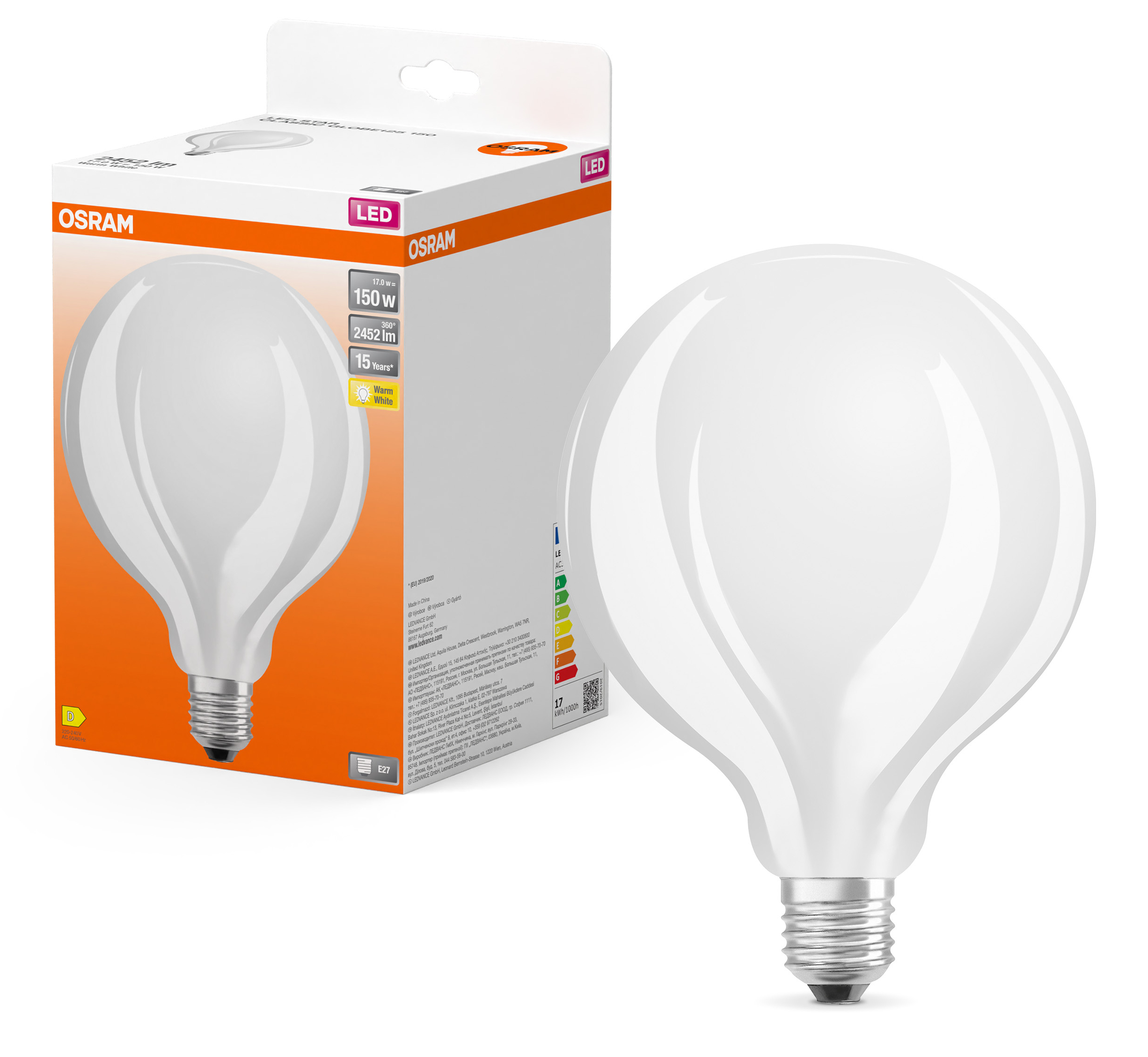 Duża biała żarówka LED OSRAM obok pudełka. Żarówka ma okrągły kształt, a pudełko zawiera informacje o produkcie.