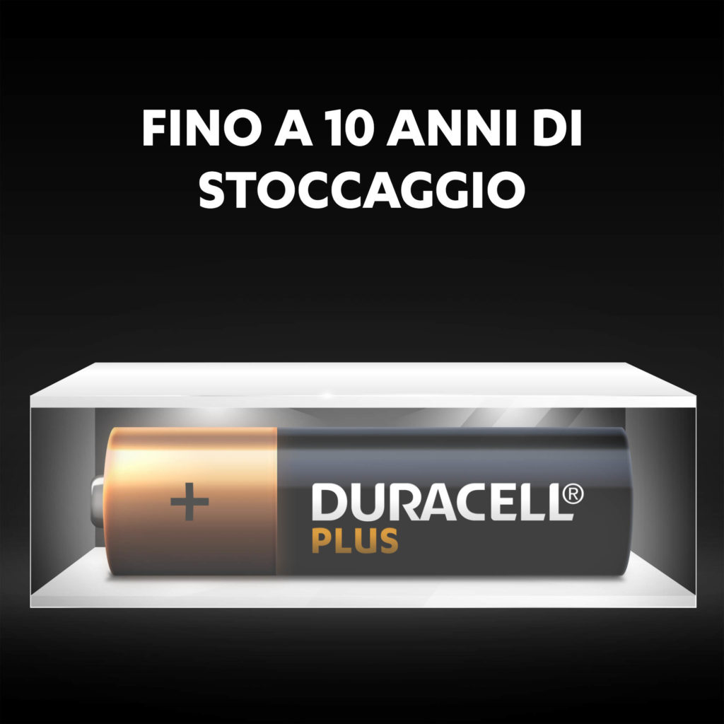 Bateria Duracell Plus AA w przezroczystym pudełku. Tekst: Fino a 10 anni di stoccaggio.