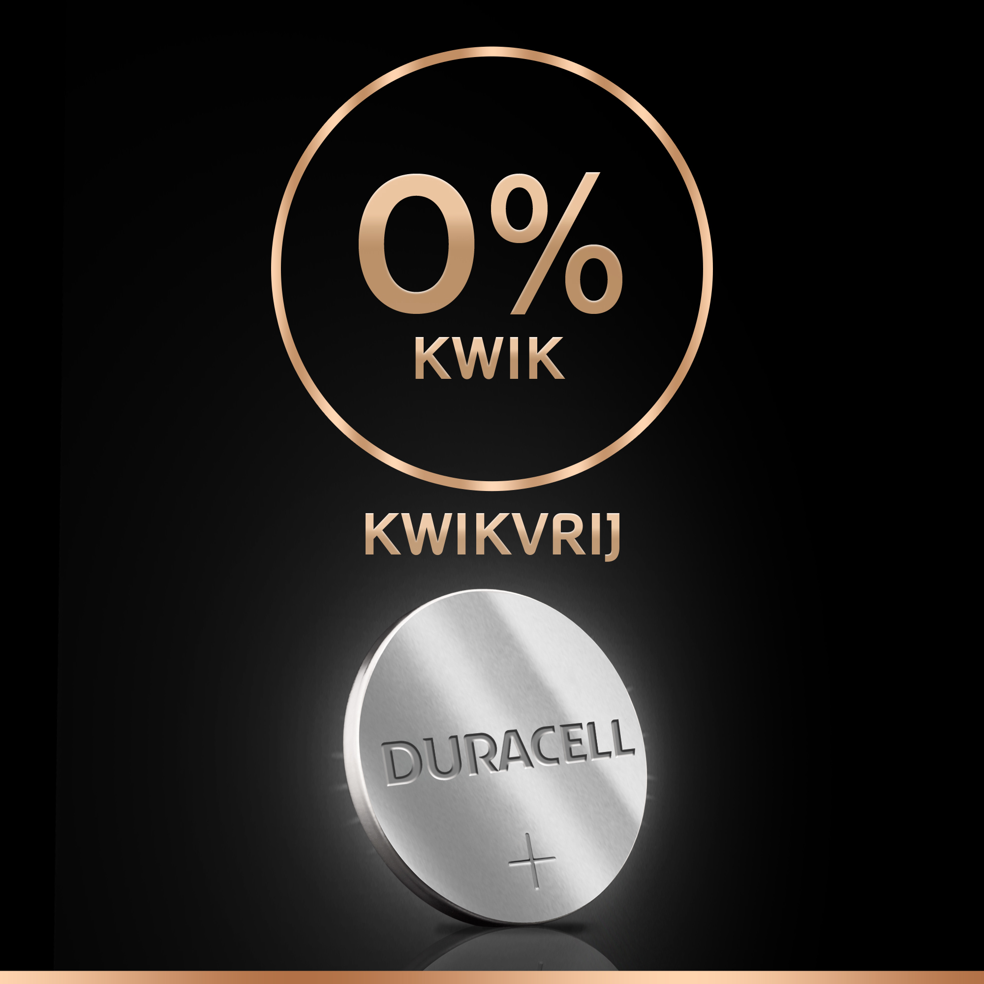 Eine Duracell-Knopfzelle mit 'DURACELL' und '+' Zeichen, mit einem '0% KWIK' Logo.
