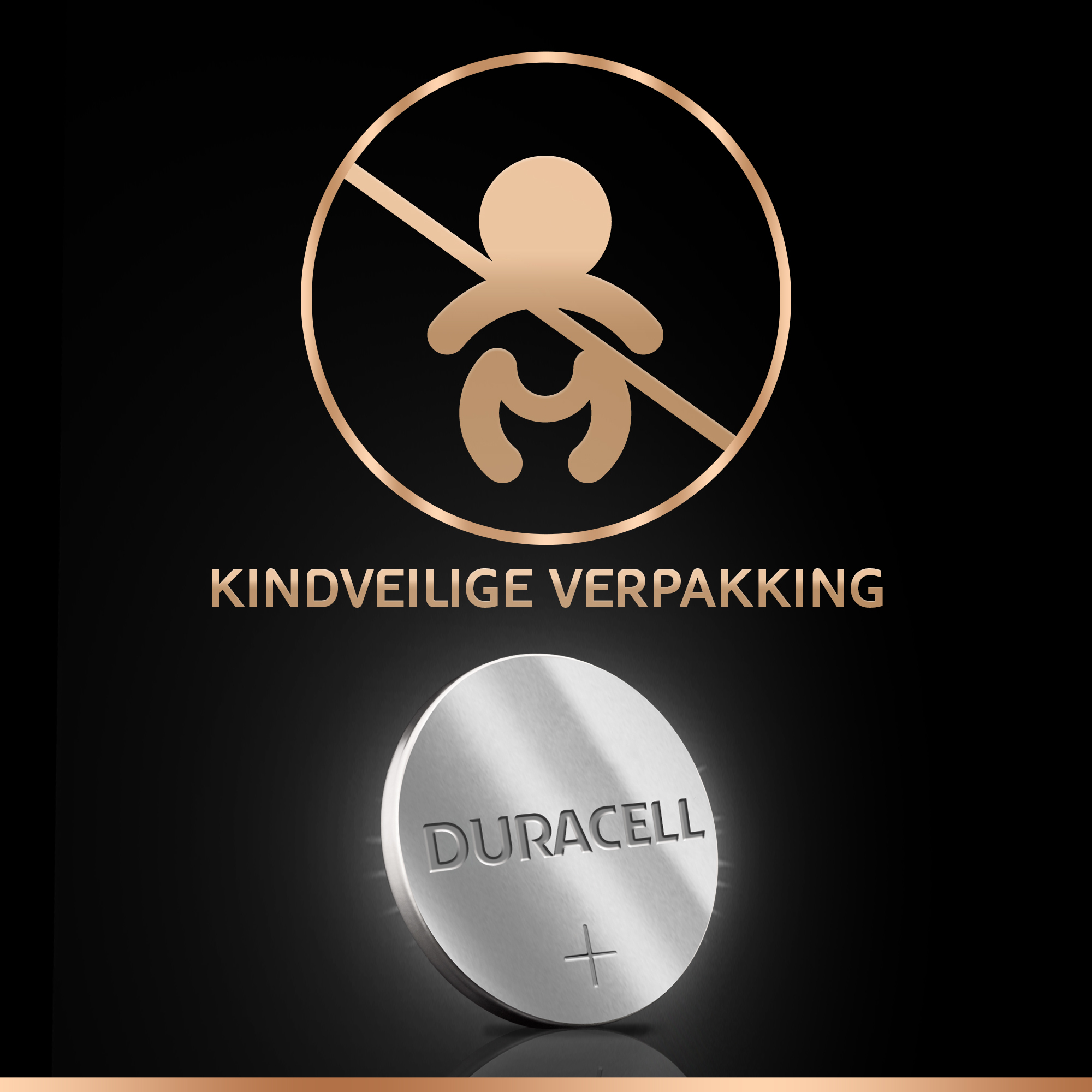 Eine Duracell-Batterie mit einem Kindersicherheitssymbol und Text.