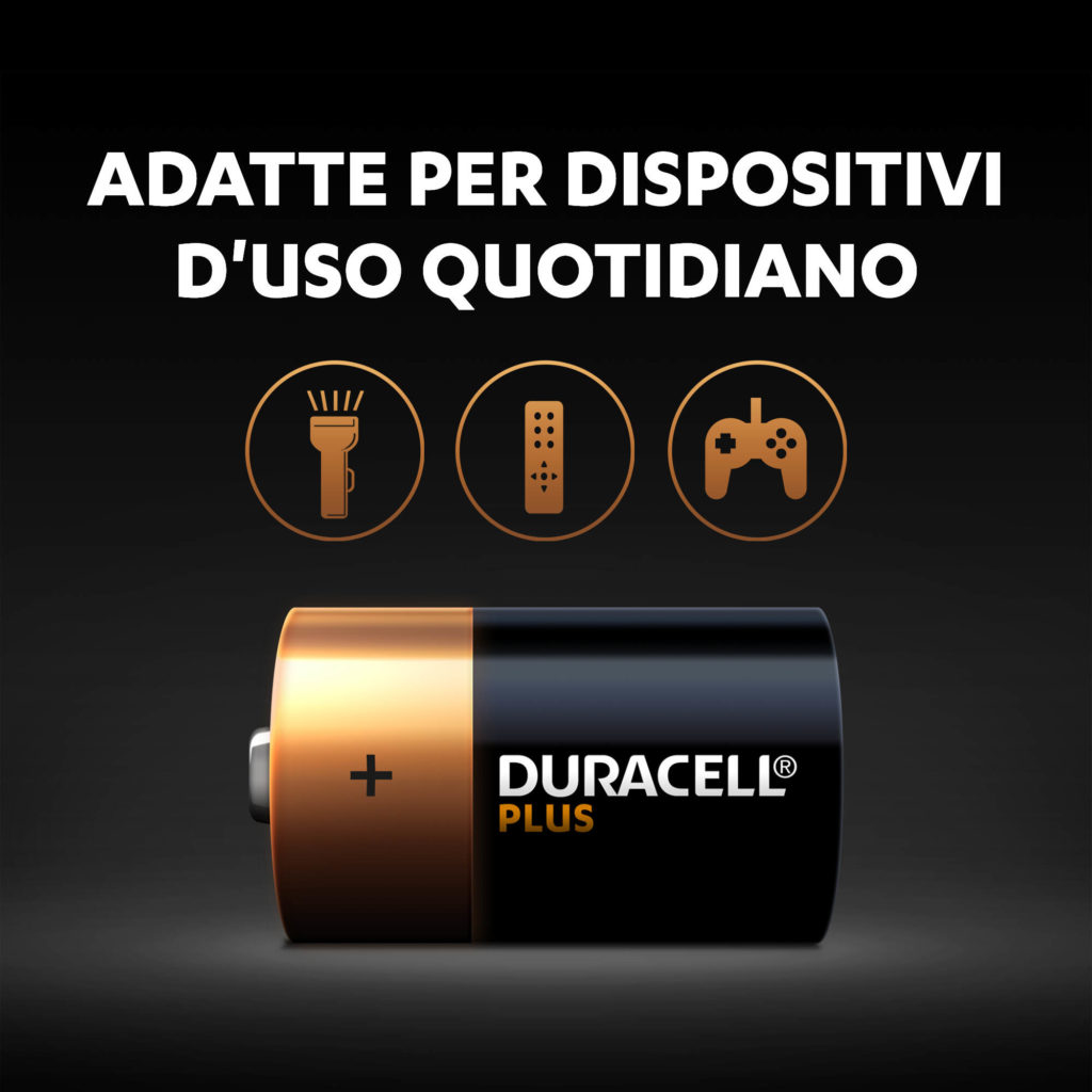 Duracell Plus battery with plus sign, text: Duracell Plus, and icons for devices.