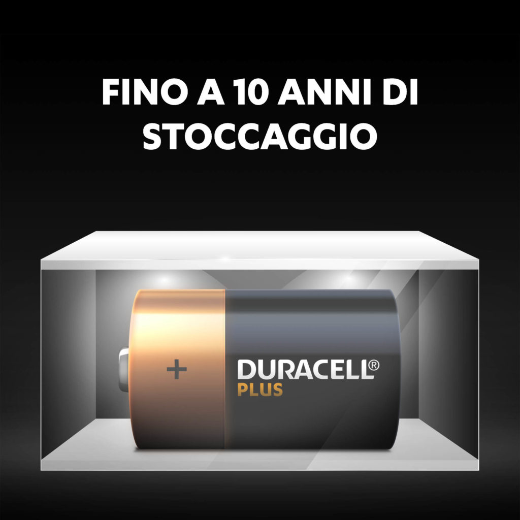 Duracell battery inside a white shelf. There is a plus sign on the battery.