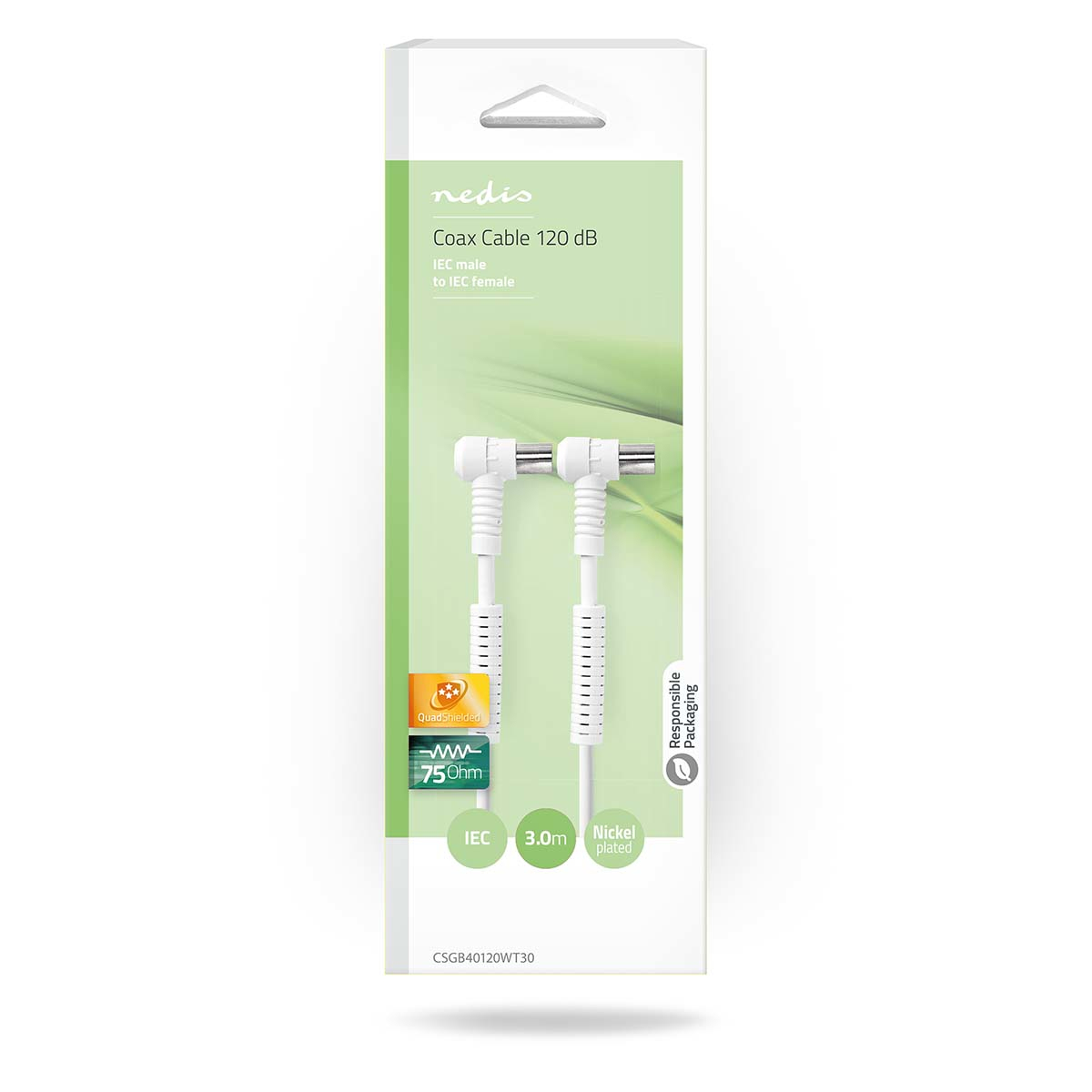 Eine weiße Verpackung für ein Koaxialkabel, das Kabel ist sichtbar. Der Text lautet: 'Coax Cable 120 dB'.