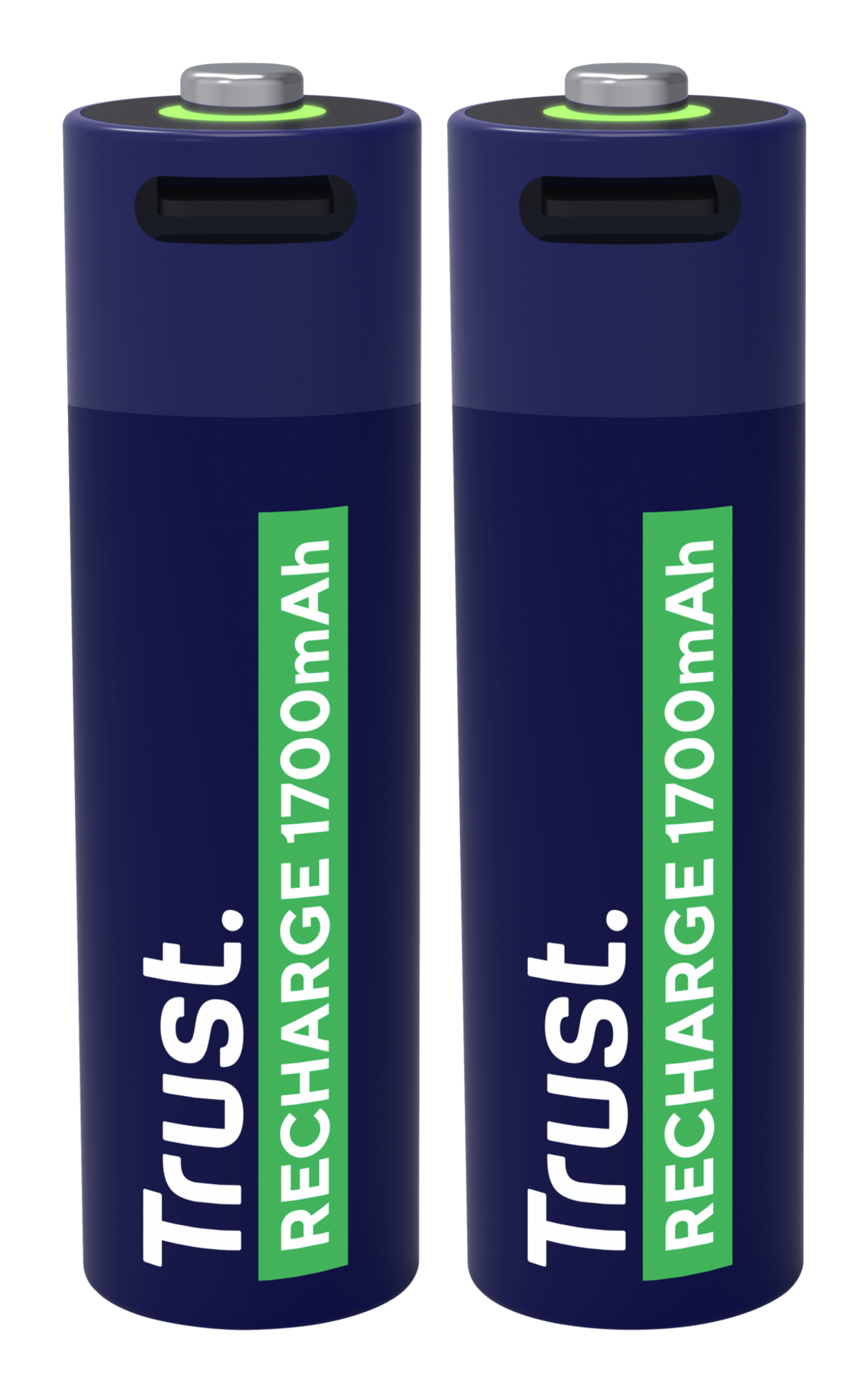 Due batterie AA ricaricabili Trust, blu navy con accenti verdi. Sfondo bianco, frontale.