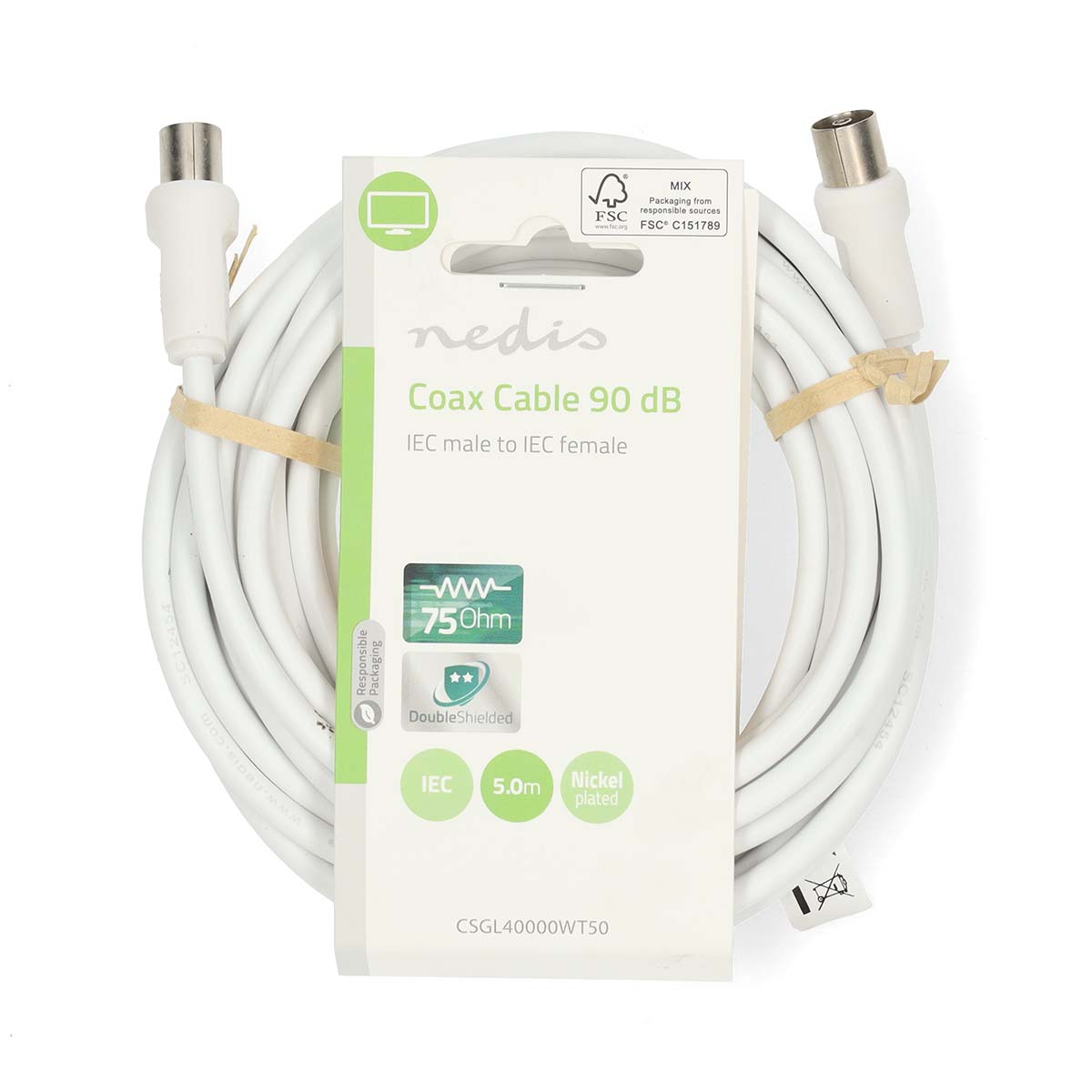 Weißes Koaxialkabel auf einer Rolle, mit Verpackung, die Produktdetails zeigt.