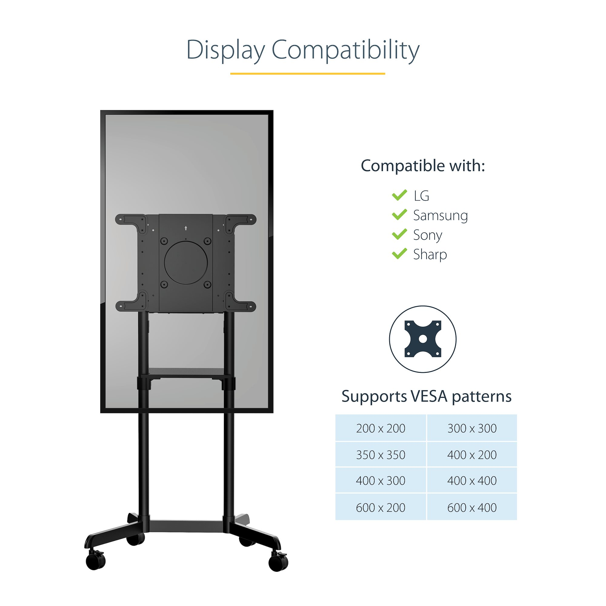 Un soporte de TV negro con pantalla, compatible con LG, Samsung, Sony y Sharp.