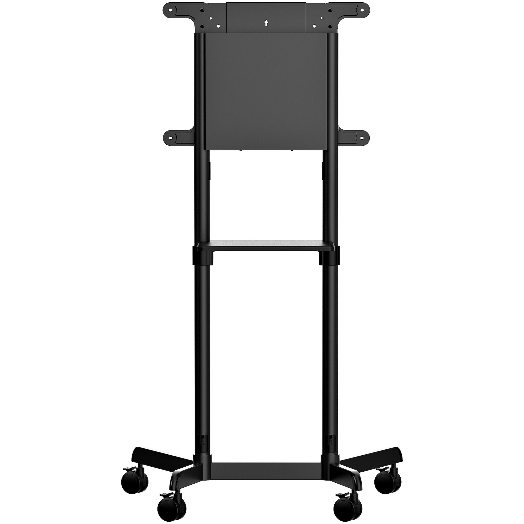 Soporte de TV negro con ruedas, estante y soporte de montaje, vista frontal.